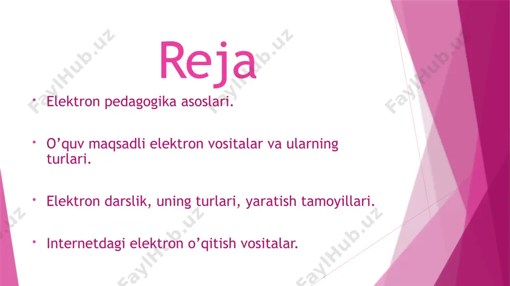 iladi; tashkiliy bosqich – bu bosqichda elektron vositalar yaratishning texnik jihatlari bilan bir qatorda, foydalanuvchilarning toifalarini aniqlashtirish, mavjud resurslarni tizimlashtirish va yangilab borish mexanizmlarini ishlab chiqish, ta’lim muassasalaridagi mavjud resurslarni integratsiyalash, elektron ta’limni tashkil etish, axborot-ta’lim resurslariga bo’lgan talabni aniqlash maqsadida foydalanuvchilar bo’yicha statistik ma’lumotlarni yig’ish va tahlil etish amalga oshiriladi; metodik ta’minot bosqichi – bu bosqichda elektron vositalardan o’quv jarayonida foydalanish metodikasini ishlab chiqish, maslahat xizmatlarini bajarish yo’lga qo’yiladi. elektron pedagogika pedagogikaning zamonaviy tarmog‘i sifatida. elektron pedagogika pedagogi -kaning zamonaviy tarmog‘i sifatida pedagogik faoliyatida kerakli inte -raktiv o‘quv-uslubiy qo‘llanmalar, elektron dasturiy vositalarni yara -tish qoidalari va texnologiyalari to‘g‘risida tasavvurga ega bo‘lishini va o‘ziga kerakli fanlar bo‘yicha elektron interaktiv darsliklar mus -taqil yaratish uchun amaliy ko‘nik -malar hosil qilish. elektron pedagogika bu yuqori texnologiyali ax-borot talim muhitida talim va tarbiyaning usul va shaklla-rini ochib berish, o’quv jara-yonlarini o’rganish , tavsif-lash va bashoratlash bilan shug’ullanadigan pedagog-ikaning yangi bir yo’nalishi . elektron …