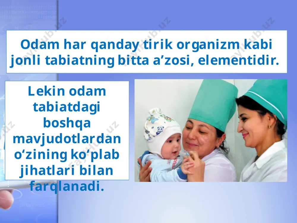 axs sifatida shakllangan kishi yetarli darajadagi aql-idrok, bilim, zakovat, kuch-quvvat, tajriba, kasbiy mahorat, ilmiy salohiyat, jismoniy va ma’naviy salomatlikka, ya’ni inson kapitali deb atalmish boylikka ega bo‘lishi lozim. insonning ma’naviy boyligi - uning dunyoqarashi, xulqi, odobi, madaniyati kabi ruhiy dunyosi bilan bog‘liq fazilatlari inson kapitalining asosiy tashkil etuvchilaridan hisoblanadi. yurtimizda amalga oshirilayotgan islohotlarning bosh maqsadi qilib aynan inson kapitalini rivojlantirish belgilanganligi ham bejiz emas. chunki, inson kapitali – mamlakatimizning jahon arenasidagi raqobatbardoshligini ta’minlab beradigan omildir. savol va topshiriqlar: 1. odamning uni boshqa tirik mavjudotlardan farqlantirib turuvchi jihatlarini sanab bering. 2. his-hayajon va ehtiyojlar inson hayotida qanday o‘rin tutadi? 3. inson shaxs sifatida shakllanishiga qanday omillar ta’sir qiladi? 4. shaxs uchun qadriyatlarning qanday ahamiyati bor? 5. shaxs uchun e’tiborli bo‘lgan qadriyatlarga misollar keltiring. 6. shaxsning shakllanishida davlatning qanday ahamiyati bor? 7. davlatimiz yosh avlodning yetuk shaxslar bo‘lib kamol topishi uchun qanday imkoniyatlar yaratmoqda? bu imkoniyatlarga misollar keltiring. image2.jpeg image3.emf image4.jpeg image5.jpeg …