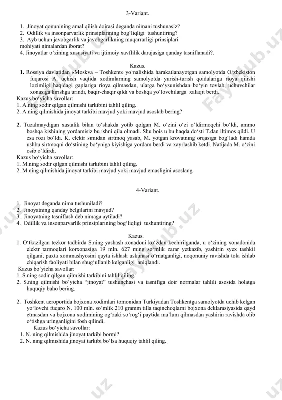 vazifalari nimalardan iborat? kazus. 1. navoiy shahar aeroportida fuqaro p. to‘qqiz yuz sakson gramm “geroin” giyohvandlik moddasi bilan ushlandi. tergov vaqtida p. ushbu giyohvandlik moddasini moskva shahrida yashovchi s.ismli shaxsdan sotib olganligini ko‘rsatdi. tergovchi p.ning harakatini jk 25,273-moddasining 5-qismi bilan, s.ning harakatini jk 27, 273-moddasi 5-qismi bilan kvalifikasiya qildi. kazus bo‘yicha savollar: 1. p. va s.ni o‘zbekiston respublikasi jk bilan jinoiy javobgarlikka tortilishi qonunga asoslanganmi? 2. p.ning qilmishini jk ning o‘zbekiston hududida jinoyat sodir etgan shaxslarga nisbatan amal qilishi dorasida taxlil qiling. 2. o‘zbekiston respublikasi fuqarosi o. karantin davrida charter–reys bilan borgan o‘zbekiston toshkent-moskva-toshkent havo kemasida samolyot qozig‘iston hududidan uchib o‘tayotgan vaqtda l. bilan o‘zaro janjallashib qolib uni urib uning badaniga o‘rtacha og‘irlikdagi tan jarohati yetkazgan. toshkent xalqaro aeroportida l. iib xodimlariga murojaat qildi.holat yuzasidan o.ga nisbatan jk 105-moddasining 1-qismi bilan jinoyat ishi qo‘zg‘atildi. kazus bo‘yicha savollar: 1. o.ning sodir qilgan qilmishi tarkibini tahlil qiling. 2. o.ning qilmishini jk ning …