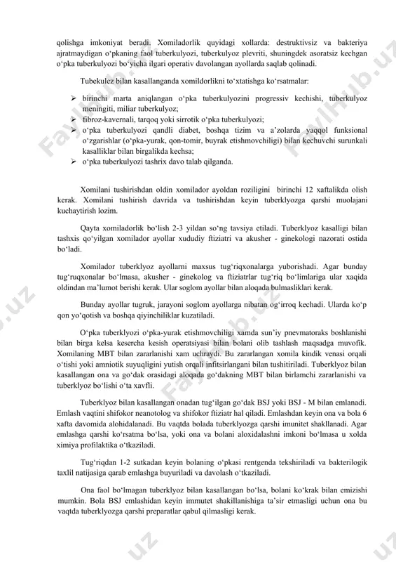 remissiyasi shizofreniya klinik belgilarining avj olishi yoki aksincha, uning yaxshilanishi bilan kuzatiladi. tuberkulyoz bemorlarining ruxiy statusinii baholashda shuni nazarda tutish lozimki, ba’zi tuberkulyozga qarshi preparatlar (ayniqsa sikloserin, kamroq - izoniazid) mnt ga toksik ta’sir etadi. sikloserinli psixoz, shuningdek izoniazidni qabul qilish natijasida ruxiyatning buzilishi tezlik bilan tuberkulyozga qarshi preparatlarni to‘xtatishni va mnt ga toksik ta’sirlar oqibatlarini yo‘qotishga qaratilgan kompleks davolash tadbirlarini qo‘llashni talab etadi. ruxiy bemolrlardagi tuberkulyozni davolash psixiatrik statsionarlarning maxsus bo‘limlarida o‘tkaziladi. tuberkulyozga qarshi preparatlarni tanlashda ularning psixotrop ta’sirini, shuningdek psixiatrik amaliyotda ishlatiladigan dori vositalari bilan o‘zaro ta’sirini hisobga olish lozim. tuberkulyoz va xomiladorlik. xomiladorlik va tug‘ruq jarayoni, endokrin tizimning funksional o‘zgarishi bilan kechadi, immunitet va metobolizm o‘zgaradi, hamda tuberkulyoz kasalligi rivojlanishiga nisbatan xavf omillar bo‘lib xisoblanadi. xomilador va tug‘uvchi ayollarda tuberkulyozdan kasallanish umumiy sildan kasallangan ayollarga nisbatan 1,5-2 baravar ko‘p uchraydi. sil kasalligi xomiladorlikning turli davrlarida rivojlanishi mumkin, lekin ko‘p xollarda tug‘ruqdan 6 oy keyin kuzatiladi. ayollarda xomiladorlik …