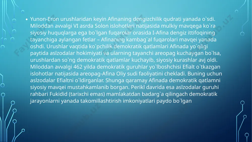 ronlikni mustahkamlash maqsadida foydalangan. afina demokratiyasining bu idora usulidan faqat quldorlargina emas, balki ma`dan va tosh konlaridagi qullar mehnatidan, shuningdek, ittifoqchilar to`laydigan a`zolik badalidan foyda ko`rib turadigan fetlar ham manfaatdor bo`lganlar. afina quldorlik demokratiyasi quldorlarning qullar ustidan hukmronligini ta`minlaydigan idora usuli edi. yunonistondagi boshqa shahar-davlatlarning aksariyatida afina demokratiyasi singari demokratiya o`rnatilgan. miloddan avvalgi v asrda quldorlik demokratiyasi o`zining eng yuqori pog`onasiga ko`tariladi. hamma yerda bu demokratiya erkin kishilarning qullar ustidan bo`lgan hokimiyatini ta`minlaydi. shuni ta`kidlab o`tish kerakki, bu xokimiyatdan attikadagi aholining ozgina qismi foydalangan, xolos. otasi ham onasi ham tub afinalik bo`lgan erkak kishilargina afina quldorlik davlatining to`la huquqli fuqarosi hisoblangan. ular xalq yig`inida faol qatnashib, saylash va saylanish huquqiga ega edilar. ammo boshqa viloyatlardan attikaga ko`chib kelgan kishilar va ularning avlod-ajdodlari afina fuqarolari ega, bo`lgan huquqlardan mahrum bo`lgan. ular attikada yashayotganliklari uchun alohida soliq to`lashlari kerak edi. odamlarni va ma`muriyatni aldab o`zini attika fuqarosi qilib ko`rsatgan yoki ko`rsatishga harakat …