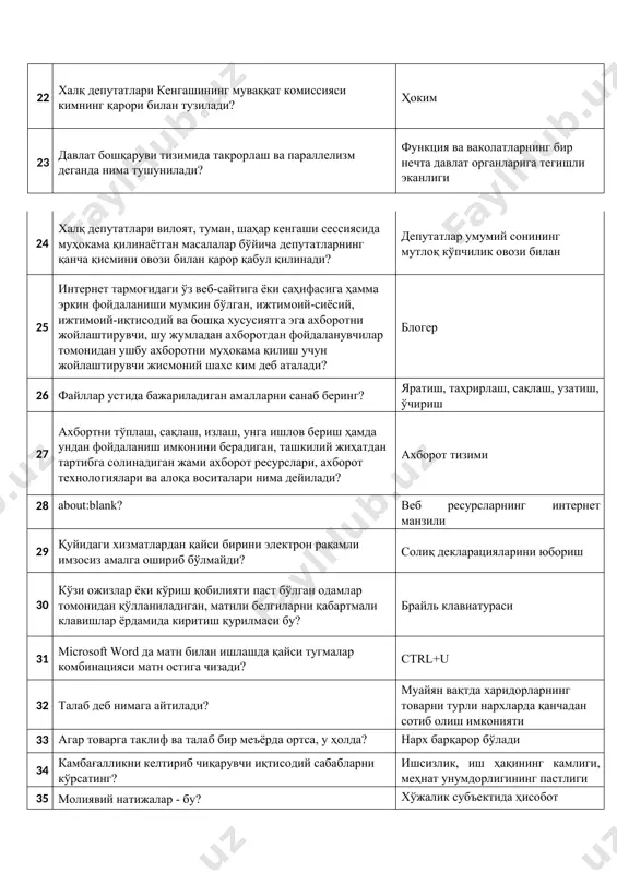 ни сўраб олиш талаб этилганда неча кун белгиланган? 1 ой 175 прокуратура қандай асосий вазифани бажаради? қонунлар ижросини назорат қилади 176 ўзбекистон республикаси олий мажлиси қонунчилик палатаси депутатлигига, шунингдек ўзбекистон республикаси олий мажлисининг сенати аъзоси сифатида кимлар сайланиши мумкин? сайлов куни йигирма беш ёшга тўлган ҳамда камидабеш йил ўзбекистон республикаси ҳудудида муқим яшаётган ўзбекистон республикаси фуқароси 177 жадвалнинг минимал компоненти келтирилган қаторни кўрсатинг? катак 178 авторизация нима? фойдаланувчи идентификация маълумотларининг ҳаққонийлигини текшириш ва рухсатларини бошқариш жараёни 179 ўзининг мос белгиси ва номига эга, бирор дастур ёки папкага бўлган мурожаатни амалга оширувчи объект қандай номланади? ёрлиқ 180 электрон давлат хизматлари қандай турларда бўлиши мумкин? ахборот ва интерактив давлат хизматлари 181 веб браузер бу? веб саҳифаларни кўриш воситаси 182 интернет тармоғига уланишни ташкил этиб берадиган ва хизмат кўрсатадиган томон нима дейилади? интернет провайдер 183 фикрга қарши фикр, ғояга қарши ғоя, жаҳолатга қарши ...... билан курашилади? маърифат 184 толерантлик тушунчасининг мазмун-моҳиятини аниқланг? динлараро …