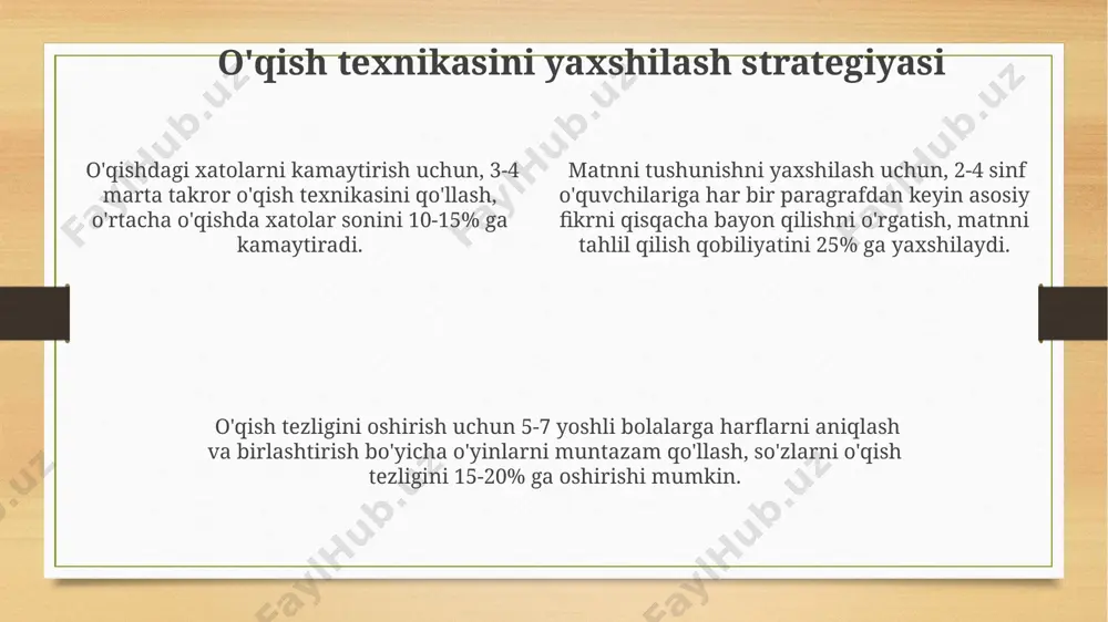 qilish, mukofotlash tizimini joriy etish ularning qiziqishini oshirishi va o'qishga bo'lgan munosabatlarini ijobiy tomonga o'zgartirishi mumkin. o'qish tezligini oshirish uchun har kuni kamida 15 daqiqa o'qishga bag'ishlash va turli janrdagi (ertaklar, she'rlar, hikoyalar) adabiyotlarni o'qish tavsiya etiladi. bunday yondashuv lug'at boyligini kengaytiradi. o'quvchilarning 20% ga yaqini o'qish jarayonida diqqatni jamlashda qiyinchiliklarga duch kelishadi, shuning uchun ularga vizual qo'llab-quvvatlash vositalari (rasmlar, jadvallar) va qisqa tanaffuslar taklif qilish muhim. yutuqlarni taqdirlash va mukofotlash sinfiga yaxshi o'qigan bolalar uchun "o'qish yulduzlari" kabi maxsus burchak tashkil qilish va unda ularning rasmlari, yutuqlari haqidagi qisqa ma'lumotlarni joylashtirish o'quvchilarni rag'batlantiradi. o'quvchilarning yutuqlari uchun individual yondashuv – masalan, 5 ta kitob o'qigan bolaga shaxsiy sertifikat, 10 ta kitob o'qigan bolaga esa maxsus sovrin – ularning harakatlarini rag'batlantiradi. yutuqlarni muntazam, masalan, har 2 haftada bir marta, baholab borish va eng yaxshi 3 o'quvchini qo'shimcha kitoblar yoki o'quv materiallari bilan taqdirlash motivatsiyani oshiradi. ota-onalar bilan hamkorlik ota-onalar bilan "o'qish …
