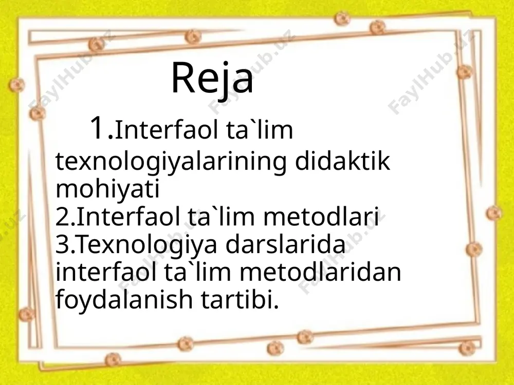 l etishda grafikli organayzerlardan foydalanish muhim ahamiyat kasb etadi. bu esa o„quvchilarni darslarda faol ishtirok etishini, ta‟lim mazmuniga oid o„rganilayotgan tushunchalarni, murakkablik darajalari turlicha bo„lgan mavzularni, fanlararo amalga oshirilayotgan aloqadorlik va o„zaro bog„liqlik o„rnatishni, tahlil qilish, solishtirish va taqqoslash, topshiriqli muammolarni aniqlash, ularni hal etish va berilgan amaliy topshiriqlarni rejalashtirish, tafakkur qilish va ijodkorlik qobiliyatlarini rivojlantirishga xizmat qiladi ta‟lim jarayonining muvaffaqiyati uning shakligagina emas, balki qo„llanilayotgan metodlar samaradorligiga ham uzviy bog‟liqdir. o„qituvchining yangi mavzuga tayyorgarlik ko„rishida metodlar va metodik usullarni tanlashi –bu ularning o„zaro almashinuvini vaqt va didaktik maqsad bo„yicha muvozanatlashtirish demakdir. pirovard natijasida o„quvchilar aqliy va amaliy faolligining yuqori darajasini ta‟minlashga sharoit yaratiladi. to„g„ri qo„llanilgan metodlar obyektiv voqelikka oid bilimlarmi chuqurlashtiradi va yaxlit hamda mashg„ulotning ilmiy-nazariy darajasini oshiradi. texnologiya fanidan darslarda grafikli organayzerlardan foydalanish muhim ahamiyatga ega bo„lib, mavzuga oid ma‟lumotlarni og„zaki ravishda o„zlashtirish ko„rsatkichi 10% bo„lgan sharoitda dars o„tish samarasiz bo„ladi. darslar davomida o„quvchilarga o„quv materialini ko„rgazmali shaklda …