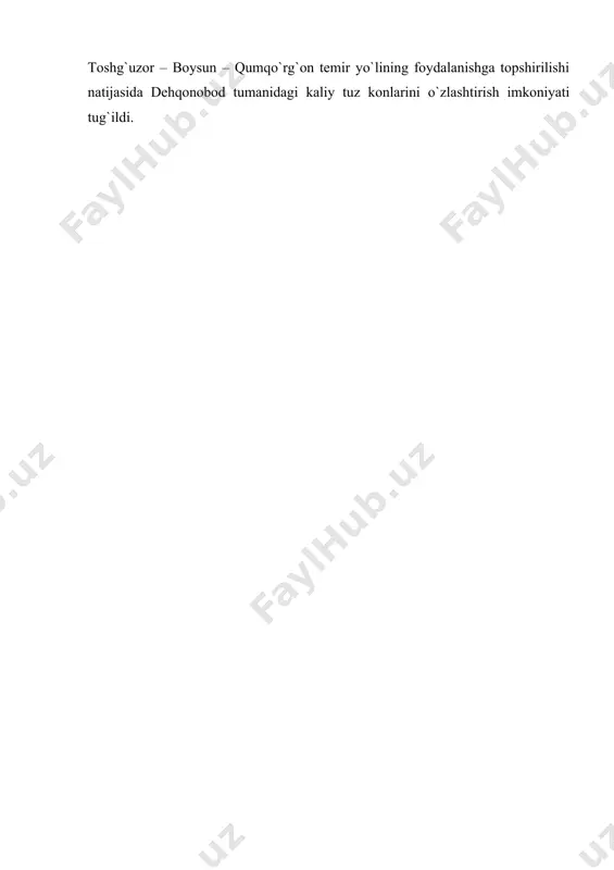 olinayotgan neftning 80 foizi, tabiiy gazning 92 foizi, gaz kondensatining 95 foizi, oltingugurtning deyarli 100 foizi ushbu hudud zimmasiga to`g`ri keladi. toshg`uzor – boysun – qumqo`rg`on temir yo`lining foydalanishga topshirilishi natijasida dehqonobod tumanidagi kaliy tuz konlarini o`zlashtirish imkoniyati tug`ildi. jadval janubiy iqtisodiy rayon shaharlarining tarkibiy tuzilishi (2007 y.) жанубий иқтисодий район шу жумладан: сурхондарё вилояти қашқадарё вилояти шаҳар жойлар аҳолиси шаҳар жойлар аҳолиси шаҳар жойлар аҳолиси сони фоизда минг к. фоизда сони фоизда минг к. фоизда сони фоизда минг к. фоизда жами шаҳар ва шаҳарчалар 31 100.0 983.0 100.0 15 100.0 376.3 100.0 16 100.0 606.7 100.0 шу жумладан, аҳолиси бўйича (минг киши) 3-4.9 1 3.2 4.2 0.4 1 6.7 4.2 1.1 - - - - 5-9.9 7 22.6 48.3 4.9 3 20.0 16.2 4.3 4 25.0 32.1 5.3 10-19.9 8 25.8 106.4 10.8 5 33.3 66.9 17.8 3 18.8 39.5 6.5 20-49.9 10 32.2 258.4 26.3 4 26.6 94.4 …