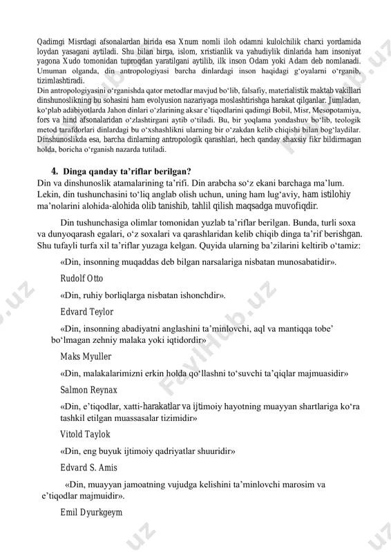 lib aytganda bu ilm sohasi, tarix bo‘yicha xususiy va mushohadaga suyanuvchi din va jamiyat tadqiqotlarini; dinning ijtimoiy hayotdagi ko‘rinishlarini o‘rganadi. din sotsiologiyasi, bir tomondan jamiyat, bir tomondan diniy ilmlarga tayanadi; bu ikki asos ustida yakdillikni keltirib chiqarishga harakat qiladi. din psixologiyasi. bu ilm sohasi, zamonaviy psixologiya bilan birgalikda shakllangan va uning bir tarmog‘i holiga aylangan. din psixologiyasi, avvalo insonga oid bo‘lgan diniy hayotning turli jihatlarini psixologik jihatdan o‘rganadi. ya’ni din psixologiyasi dinning psixologik jihatini, shaxsning diniy tajribasini va bu tajribaning turli ko‘rinishlarini bayon qilishga harakat qiladi. natijada u dinning inson ruhidagi asosiy xususiyatlari xatti-harakatlarga bo‘lgan ta’siri to‘g‘risida atroflicha to‘xtaladi. ruh-jasad aloqasi bilan atrof-madaniyat ta’sirlarining barchasini ichida o‘rganuvchi diniy e’tiqod, shaxslarning ichki olamidagi turli rivojlanishlarni ko‘rsatib beradi. shu sababli din psixologiyasi diniy tajribadan boshlagan holda inson turlarini atroflicha o‘rganib, xos tipologiyalarni kashf qiladi. kishining diniy his, tushuncha va yashash tarzi din psixologiyasining asosiy mavzusidir. u shaxsda din tuyg‘usi va hissining qanday …