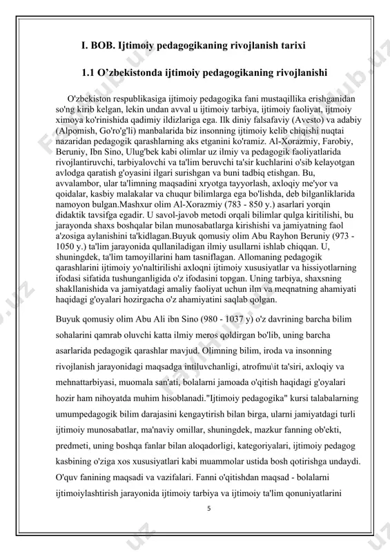 ola shaxsini ijtimoiylashtirishda mikro muhitning roli; rivojlanishida nuqsoni bo'lgan bola, nogiron bola, cheklangan imkoniyati bola tushunchalari tavsifi; imkoniyati cheklangan bolalarni ijtimoiylashtirishdagi umumiylik va tafovutlar; imkoniyati cheklangan bolalarni ijtimoiylashtirishning shartlari va xuquqiy me'yorlari; ijtimoiy pedagogik kategoriyalar; ijtimoiy pedagogikaning tamoyillarini bilishi kerak; - ijtimoiy pedagog faoliyat metodikasi va texnologiyasi; asotsial oilaga ijtimoiy - pedagogik yordamning asosiy shakllari; ijtimoiy pedagog faoliyatida ishontirish metodlari, korrektsiya, mashqlarini qo'llash; kasbiy faoliyatda sotsiologik metodlardan foydalanish; ijtimoiy pedagogik texnologiyalarini qo'llash; xavotirli oila ijtimoiy maqomini tavsiflash; xavotirli oila bilan ishlash metodlarini qo'llash ko'nikmalariga ega bo'lishi kerak; - ota - ona vasiyligisiz qolgan bolalar bilan ijtimoiy - pedagogik faoliyat olib borish; deviant xulqli bolalar bilan ijtimoiy - pedagogik faoliyatni tashkil etish va olib borish malakalariga ega bo'lishi kerak.ijtimoiylashtirish - 1) inson tomonidan jamiyatda muayyan vaqt oralig'ida qadriyatlar, axloqiy me'yor, namuna va ko'rsatmalarning o'zlashtirilishi; 2) shaxsning turli ijtimoiy umumiylik (guruh, ijtimoiy institut, ijtimoiy tashkilot), ijtimoiy munosabatlar tizimiga integratsiyalashuvi. shaxsning ijtimoiy o'z …