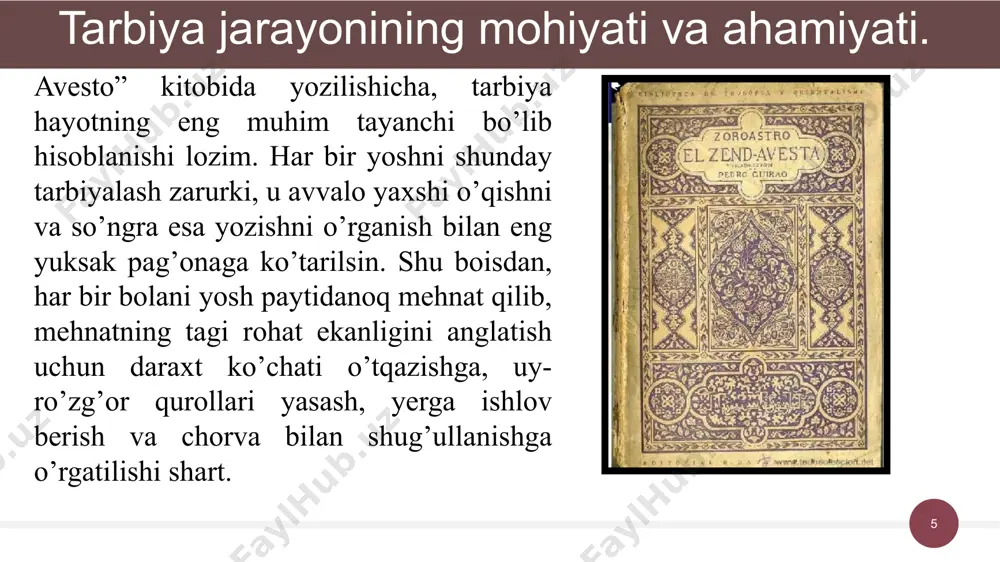 yaviy yo'nalganligi; -tarbiyaning insonparvarlashuvi; -tarbiyaning hayot, mehnat bilan bog'liqligi; -tarbiyaga yaxlit(kompleks) yondashuv; -jamoada tarbiyalash va jamoaga suyanib ish ko'rish; tarbiya jarayoni quyidagi tamoyillar asosida boshqariladi: ‹#› - shaxsga talabchanlik bilan hurmatni birga qo'shib olib borish; - o'qituvchilar, jamoat tashkilotlari va oilaning talab hamda tarbiyaviy ta’sirlarining birligi; -tarbiyalanuvchining yosh va individual xususiyatlarini hisobga olish; -tarbiya jarayonining tizimliligi va uzluksizligi. tarbiya qonuniyatlari - bu bir tomondan, ijtimoiy hodisa sifatida tarbiyaning xususiyatlari, ikkinchi tomondan, shaxsning rivojlanishi bilan bog‘liq bo'lgan barqaror aloqalar yig'indisi. tarbiya jarayonining quyidagi qonuniyatlari mavjud: ‹#› -ijtimoiy muhitning obyektiv va subyektiv omillariga bog'liqligi; -tarbiyaning shaxsning rivojlanishi bilan birligi va o‘zaro bog'liqligi; - faoliyat va munosabatni e’tirof etish shaxsning ijtimoiy ahamiyatga ega fazilatlarini shakllantirishning negizi va asosiy manbai; -tarbiyalanuvchilarning o'zaro tarbiyaviy ta’siri, o'zaro munosabatlari hamda faol faoliyati о‘rtasidagi bog'lanish; -tarbiya va o‘zini-o‘zi tarbiyalashning intensivligi; -tarbiyalanuvchining «ichki olami»ga ta’sir etishning intensivligi; -tarbiyalanuvchilarda verbal va sensomotor jarayonlarning rivojlanish darajasi va pedagogik ta’sirni hisobga olish. …