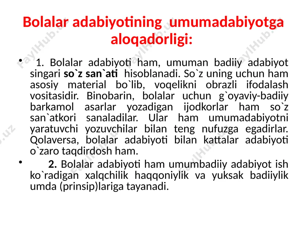 yotining kamolotida uning barcha fanlar bilan aloqadorligi muhim ahamiyatga ega. shu tariqa ilm va badiiyat sintezidan hosil bo`lgan ilmiy-ma`rifiy (poznovatelno`y) adabiyot shakllana boshladiki bu ma`rifatparvalik adabiyotidan tubdan farq qiluvchi hodisadir. ma`rifatparvarlik adabiyotida ilg`or fan, texnika va an`analarini o`zlashtirishga da`vatkorlik ruhi ustivor bo`lsa, bolalar o`qishigagana mo`ljallangan ilmiy-ma`rifiy adabiyotda ilmiy dalillar, g`oyalar va farazlar badiiyat sintezidan o`tkazilib, obrazli tilda bayon etiladi. bolalar kitobxonligi va uning ko`rinishlari bolalar adabiyoti ruhshunoslik va pedagogika zimmasidagi vazifalarni birlashtirgan holda bolalar qalbini badiiy tadqiq qiladi, bolalikni badiiyat ko`zgusida butun bo`yi-basti bilan ko`rsatadi, aniqrog`i, bolalar ruhiy olamining takomillashuvini va ijtimoiy-axloqiy jihatdan shakllanishini badiiy tadqiq qilib ko`rsatadi, shu asosda fan va san`at o`zaro tutashgan va singishgan badiiyat hosilasiga aylanadi. bolalarni yosh xususiyatlariga ko`ra uch guruhga bo`lish an`anaga aylangan. 1. maktabgacha tarbiya bosqichi: tug`ilgandan to 6-7 yoshgacha; 2. kichik yoshdagi o`quvchilik davri: 6-7 yoshdan 11-12 yoshgacha yoki muchalni to`ldirguncha; 3. o`smirlik davri yoki o`rta va katta yoshdagi o`quvchilik bosqichi: 12-13 …