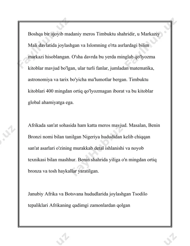 : janubiy afrikadagi zulu xalqining urf-odatlari mashhur. ular an'anaviy ravishda boy to'y marosimlari va murabbo qilish marosimlari bilan tanilgan. to'y marosimlarida erkaklar va ayollar maxsus liboslar kiyib, an'anaviy raqslar ijro etishadi. 3. **hausa xalqining urf-odatlari**: hausa xalqi asosan nigeriya va nigerda yashaydi. ularning urf-odatlari musulmonchiligi bilan chambarchas bog'liq, jumladan, ramazon va eid kabi diniy bayramlar. shanba va yakshanba kunlari esa an'anaviy bazmlarni o'tkazishadi, bunda an'anaviy musiqa va raqslar ijro etiladi. 4. **maasai xalqining urf-odatlari**: keniya va tanzaniyada yashovchi maasai xalqi an'anaviy hayoti bilan mashhur. ular o'zlarini chorva mollari bilan o'lchashadi va bu ularning boyligi hisoblanadi. maasai xalqining urg'u beradigan urf-odati bu sakrash raqsidir, bu raqslar turli marosimlarda ijro etiladi. 5. **dogon xalqining urf-odatlari**: maliya hududida yashovchi dogon xalqini o'ziga xos an'anaviy san'at va me'morchilik bilan tanilgan. ularning urf-odatlari orasida maskarad va raqslar mavjud, bularning barchasi diniy va ijtimoiy bayramlarda ishtirok etadi. 6. **ashanti xalqining urf-odatlari**: gana hududida yashovchi ashanti xalqining …