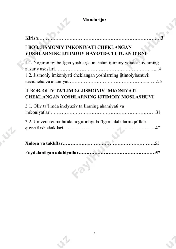 minlash (shifokorning so’zlariga ko’ra); kasalxonaga yotqizishda yordam berish, tibbiy muassasalarda muhtoj bo’lganlarga hamrohlik qilish. kurs ishining obyekti: ijtimoiy ishchilar imkoniyati cheklangan odamlarga statsionar tibbiy muassasalarda ma’naviy va ruhiy yordam ko’rsatish, tibbiy-ijtimoiy ko’rikdan o’tkazishda yordam berish va tibbiy sug’urta polisini olish uchun tashrif buyuradilar. kurs ishinig obyekti: uyda ijtimoiy va tibbiy yordam o’z-o’zini parvarish qilish qobiliyatining qisman yoki to’liq yo’qolishi munosabati bilan doimiy yoki vaqtincha (olti oygacha) yordamga muhtoj nogironlarga ko’rsatiladi. ijtimoiy ishchilar ijtimoiy, ijtimoiy-huquqiy, ijtimoiy va iqtisodiy xizmatlarni taqdim etadilar. ushbu bo’lim xodimlari uyda nogiron odamlarga homiylik qiladigan va quyidagi xizmatlarni ko’rsatadigan hamshiralarni joriy etishdi: kurs ishining hajmi: kurs ishi kirish 2 ta bob va unga doir 4 ta reja hamda ushbu rejada mavzu to’lig’ligicha muakammal yoritilgan. so’ngida xulosa takliflari va foydalanilgan adabiyotlar mavjud. i bob. jismoniy imkoniyati cheklangan yoshlarning ijtimoiy hayotda tutgan o‘rni 1.1. nogironligi bo‘lgan yoshlarga nisbatan ijtimoiy yondashuvlarning nazariy asoslari nogironlik, invalidlik — kasallik, shikastlanish, mayib-majruhlik, baxtsiz …