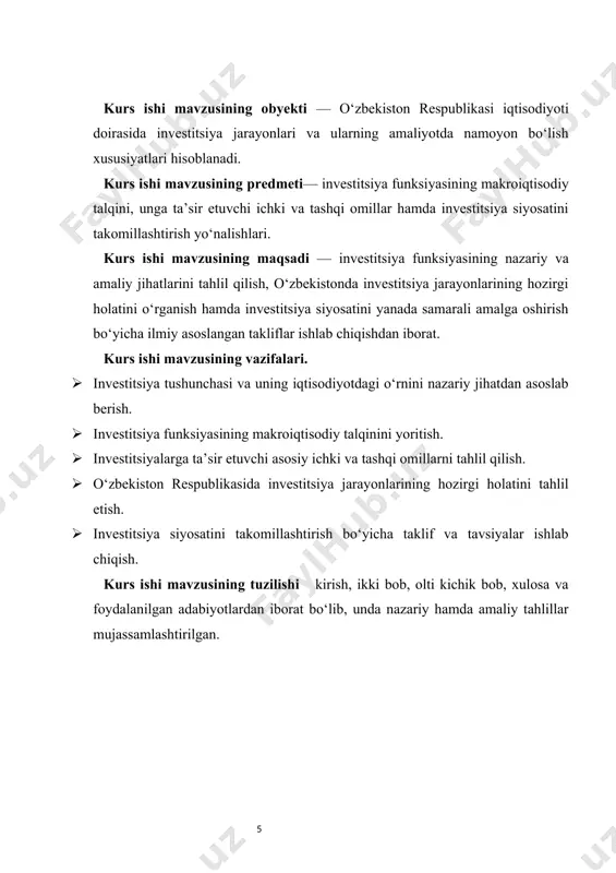 tlarining barqarorlashuvida hal qiluvchi ahamiyatga ega. jamiyat taraqqiyoti jarayonida investitsiyalar turli shakllarda namoyon bo‘ladi. masalan, real investitsiyalar asosiy kapitalni shakllantirish va ishlab chiqarish vositalarini yangilashga yo‘naltirilsa, moliyaviy investitsiyalar qimmatli qog‘ozlar va boshqa moliyaviy aktivlarga kiritiladi. bundan tashqari, intellektual va inson kapitaliga yo‘naltirilgan investitsiyalar ham bugungi kunda katta ahamiyat kasb etmoqda. shu orqali jamiyatning bilim va malaka darajasi oshiriladi, innovatsion rivojlanish uchun zamin yaratiladi. investitsiyaning iqtisodiyotdagi o‘rni, avvalo, uning ishlab chiqarish jarayonlariga ta’sirida ko‘rinadi. kapital qo‘yilmalar ishlab chiqarish quvvatlarini kengaytirish, ishlab chiqarishning texnik darajasini oshirish hamda resurslardan samarali foydalanishga xizmat qiladi. masalan, yangi zavod va fabrikalar qurilishi, mavjud ishlab chiqarish korxonalarining modernizatsiya qilinishi nafaqat yalpi ichki mahsulot hajmini oshiradi, balki yangi ish o‘rinlari yaratadi, aholi daromadlarini ko‘paytiradi va iste’mol talabini rag‘batlantiradi. investitsiyalar iqtisodiy o‘sishning “dvigateli” sifatida ham qaraladi. chunki iqtisodiy nazariyada ishlab chiqarish omillari — yer, mehnat, kapital va tadbirkorlik faoliyatining samaradorligi ko‘p jihatdan investitsiya hajmiga bog‘liqdir. yangi texnologiyalarni joriy etish, …