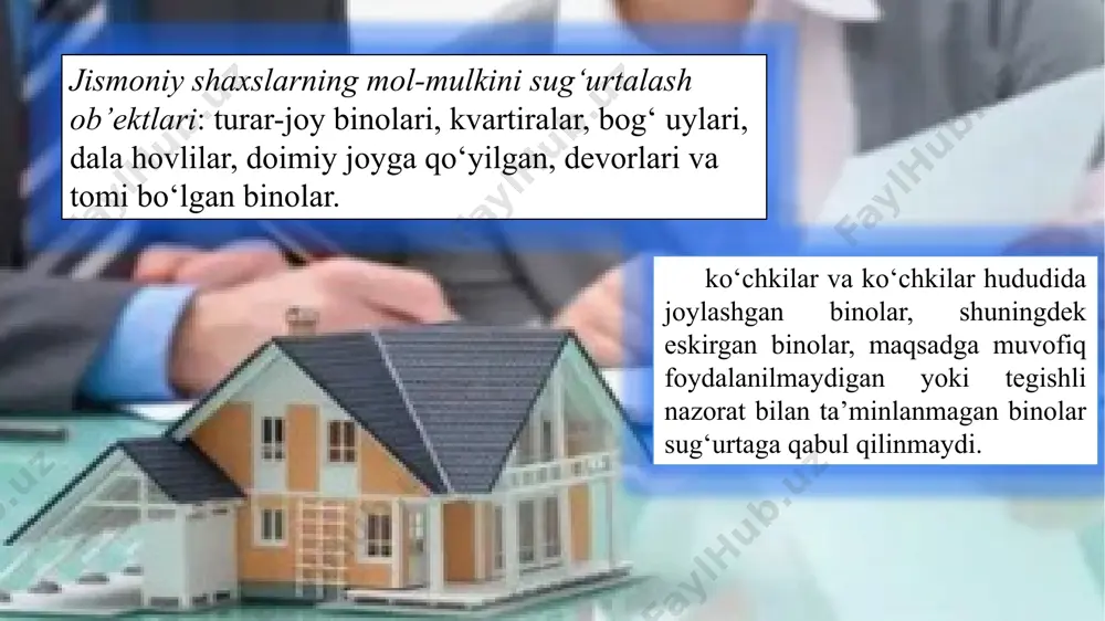 urta hodisalari va ularning amalga oshishi mumkin bo‘lgan misollari tasvirlangan: yong‘in tabiiy ofatlar va tabiiy kuchlarning harakati chaqmoq urishi portlash (gaz, qozonxonalar va boshqalar) oynalar va vitrinalar sinishi sug‘urta xavfi amalga oshishi natijasida sug‘urtalangan mulk: vayron qilingan bo‘lishi, bu holda texnik yoki iqtisodiy nuqtai nazardan umumiy zarar mavjud; buzilgan bo‘lishi, bu holda uni ta’mirlash imkonli va iqtisodiy jihatdan maqsadga muvofiq bo‘lishi mumkin; o‘g‘irlik yoki yong‘in natijasida yo‘qolgan bo‘lishi mumkin. sug‘urta shartnomasi bo‘yicha quyidagilar natijasida ko‘rilgan zararlar qoplanmaydi: sug‘urtalovchi yoki uning vakilining qasddan qilgan harakatlari yoki qo‘pol ehtiyotsizligi; harbiy operatsiyalar, ichki tartibsizliklar yoki zilzilalar; - atom energiyasining ta’siri. ba’zi sug‘urta kompaniyalari zilzila kabi tabiiy ofatlar uchun qo‘shimcha to‘lovlar evaziga qoplamani taklif qiladi. shartnoma tuzishda bu band alohida ko‘rib chiqilishi kerak sug‘urta hodisalari xarakteristikasi sug‘urta hodisasi – sug‘urta shartnomasida ko‘rsatilgan va sug‘urta obyekti (mulk, javobgarlik, hayot va sog‘liq, boshqalar)ga zarar yetkazilganda sodir bo`ladigan voqea. ushbu hodisa yuz bergan taqdirda sug‘urtalovchi sug‘urta qoplamasini …