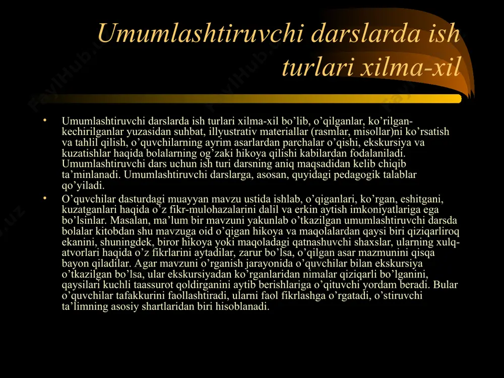rish uchun xizmat qiladi. adabiyotlar ro`yхati: yu.k.babanskiy “hozirgi zamon umumta’lim maktablarida o`qitish metodlari” toshkent-“o`qituvchi” 1990y. maxmudov m. “maktabda muammoli ta’limni tashkil qilish” toshkent-“o`qituvchi” 1981y.