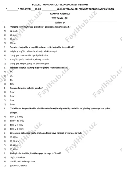 sanoat ekologiyasi test savollari — DOC