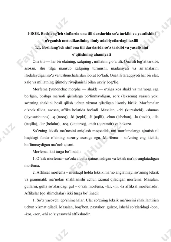 niqlashning asosiy usullaridan birini bilib oladilar. bunda o’qituvchining vazifasi o’quvchilar so’zlarning leksik ma’nosi va morfemik tarkibi bir-biriga bog’liqligini bilib olishi uchun eng qulay sharoit yaratish, shu asosda ularning lug’atiga aniqlik kiritishga maqsadga muvofiq rahbarlik qilish hisoblanadi. 2. so’z yasalishi haqidagi elementar bilim ham o’quvchilarning tilimizning yangi so’zlar bilan boyishining asosiy manbasini tushunishlari uchun muhimdir. yangi so’z tilda mavjud bo’lgan morfemalardan, ma’lum usul va modellar asosida vujudga keladi (yasaladi). so’z yasalishini kuzatish o’quvchilarda so’zga faol munosabatni shakllantirishga ijobiy ta’sir etadi, tilning rivojlanish qonuniyatlarini tushunishga olib keladi. 3. so’z yasalishi asoslari bilan tanishish o’quvchilar lug’atini atrof-muhit haqidagi bilimlar bilan boyitishga imkon beradi. predmet, jarayon, voqea-hodisalar haqidagi tushunchalar so’z bilan ifodalanadi. so’zlar o’rtasidagi ma’no va tuzilish jihatidan bog’lanishni belgilash o’zaro munosabatda bo’lgan tushunchalar o’rtasidagi bog’lanishga tayanadi (masalan, traktor va traktorchi so’zlari o’zaro munosabatda bo’lgan tushunchalar, shu tufayli ma’no va tuzilishiga ko’ra bog’langan). o’quvchilar so’zlarning ma’no va tuzilishiga ko’ra o’zaro munosabatini haqiqatan bilsalar, atrofmuhitda …