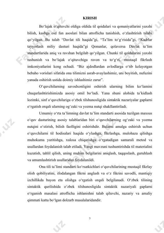 ik nazariyalarni o‘rgatish yuzasidan ishlab chiqilgan metodik ishlar yordamida darsning tashkil etilishi bilim olishni yengillashtiradi, o‘quvchilarni mustaqil fikrlashga o‘rgatadi. kurs ishining amaliy tuzilishi: ushbu kurs ishi kirish, 2 bob, 4 ta paragraf, xulosa , foydalanilgan adabiyotlardan iborat bo‘lib, 35 betni tashkil etadi. i bob. o‘zbek tili sintaktik ta’limoti va uning taraqqiyoti 1.1. sintaksis atamasi va uning predmeti. grammatika morfologiya va sintaksisni o‘z ichiga oladi. morfologiya, asosan, sintaktik qurilish vositalari bo‘lmish grammatik ko‘rsatgichlar tizimi - morfologik kategoriyalarni o‘rganadi, ularning umumiy va xususiy grammatik ma‘no (ugm va xgm)larini o‘rganadi. shuningdek, u so‘z turkumlarining umumiy grammatik xossalarini ham tekshirib keladi. aslida, morfologiyaning tekshirish manbayi yo leksik, yo sintaktik tabiatga ega bo‘ladi. masalan, so‘z turkumlari lug‘aviy ma‘nosi yaqin so‘zlarning yuksak darajadagi umumlashmasi, so‘zlarni bosqichma-bosqich birlashtirib borish natijasida hosil qilingan katta guruhlardir. demak, so‘z ma‘nolari umumlashuvi pog‘onasining yuqori zinasi morfologik mohiyat sifatida qaraluvchi so‘z turkumlaridir. morfologik ko‘rsatgichlar ikkiga bo‘linadi: 1) lug‘aviy shakl hosil qiluvchi qo‘shimchalar; …