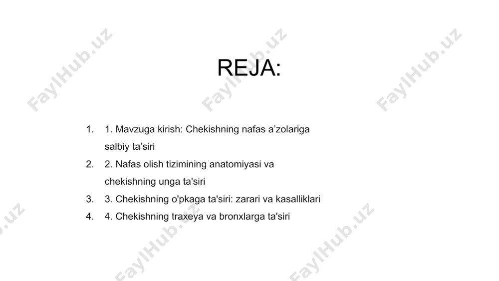 esa qaytarilmas zarar va nafas olish kasalliklariga olib keladi. 4. chekishning traxeya va bronxlarga ta'siri chekish nafas olish tizimiga, ayniqsa traxeya va bronxlarga zararli ta'sir ko'rsatadi. sigaret tutunidagi zaharli kimyoviy moddalar bu nafas yo'llarining yallig'lanishi va torayishiga olib kelishi mumkin. tutunning takroriy ta'siri shilimshiq ishlab chiqarishni ko'paytirishga va surunkali yo'talga olib keladi. bunday doimiy tirnash xususiyati traxeya va bronxlarning normal faoliyatiga ta'sir qiluvchi surunkali bronxit va bronxoektatik kasalliklarga olib kelishi mumkin. vaqt o'tishi bilan chekish traxeya va bronxlarni qoplaydigan siliyaga ham zarar etkazishi mumkin, bu ularning nafas yo'llaridan shilliq va qoldiqlarni tozalash qobiliyatini buzadi. ushbu birikma havo oqimini yanada to'sib qo'yishi va infektsiyalar xavfini oshirishi mumkin. 5. chekish natijasida yuzaga keladigan nafas olish yo'llari asoratlari: koah va bronxit chekish nafas olish organlariga jiddiy salbiy ta'sir ko'rsatishi mumkin. chekish natijasida kelib chiqadigan nafas olish kasalliklaridan biri surunkali obstruktiv o'pka kasalligi (koah), nafas olishni qiyinlashtiradigan progressiv o'pka kasalligi. nafas olishning yana bir …