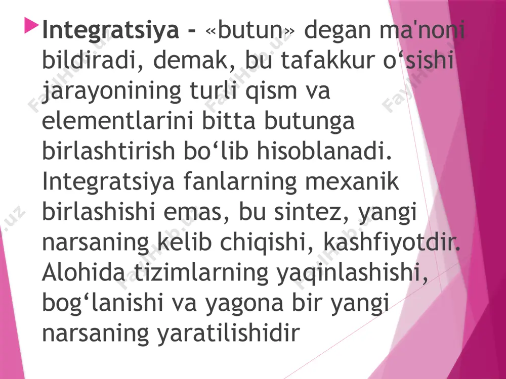 ishga, shuningdek, o‘z-o‘zini rivojlantirish yo‘llarini tushunishga imkon yaratadi. ona-tili darslarini texnologiya darslari bilan integratsiyalash ham qiziqarli, ham o‘ziga xosdir. bunda ham, ona-tili darslarini tasviriy san'at darslari bilan integratsiyalashgan kabi darsni ayrim qismlarini, yoki, uning boshida integratsiyani amalga oshirish mumkin. ko‘pincha, o‘qituvchilar texnologiya darslarida plastilindan, qog‘ozdan foydalanadilar. boshlang’ich sinflarda integratsiya kursi asoslari. ona tili, o’qish, tabiat, o’qish, tasviriy san`at, musiqa, matematika, texnologiya, jismoniy tarbiya darslari integratsiyasi. boshlang’ich sinflarda fanlarni integratsiyalash dars samaradorligini oshiradi, vaqtdan unumli foydalanishga olib keladi, darsni chuqur o’zlashtirishga yordam beradi, bo’sh vaqt orttiriladi va to’garaklarga jalb etiladi. shu o’rinda muhtaram birinchi prеzidеntimizning «yuksak ma'naviyat – еngilmas kuch» nomli asaridagi mana bu tеran mushohadani misol kеltirsak: «xalqimiz tarixning har qanday tufon va suronlarga qaramasdan, milliy o’zligi va azaliy qadriyatlarini saqlab qolib, bugungi dorilomon zamonlarga bеzavol еtib kеlishida uning qon-qoni, suyak-suyagida bo’lgan ma'naviy jasorat tuyg’usi, hеch shubhasiz, hal qiluvchi ta'sir o’tkazib kеlmoqda». darhaqiqat, ulug’ alloma va mutafakkirimiz nomi, ularning ulug’ …