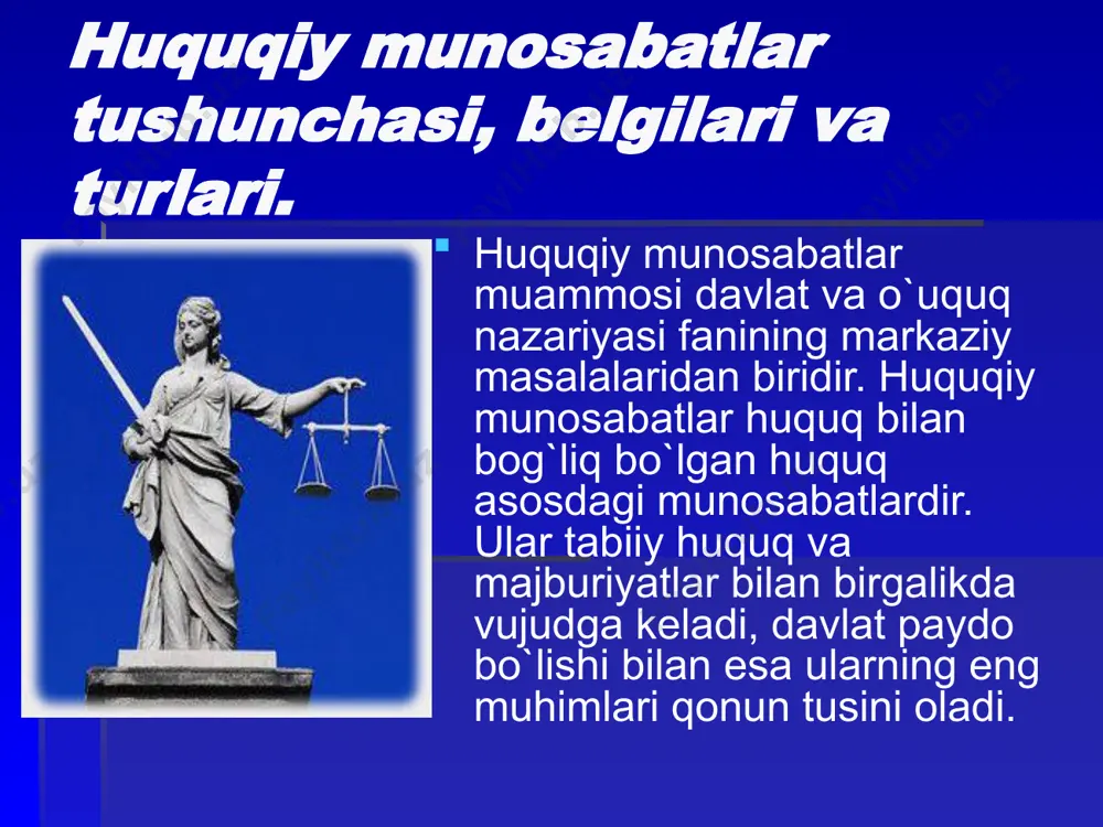 y tartibga solish asosan 2 — usulga bo‘linadi: 1) hokimiyat buyruq usuli yoki avtoritar usuli, 2) dispozitiv yoki avtonomiya usuli. avtoritar usulda — huquqiy munosabatlarda ishtirok etuvchi taraflardan biri davlat bo‘lib u subyektning va burchlarini paydo bo‘lishligini aniq belgilaydi. u hokimiyat huquqiga ega bo‘lib, «qattiq» tartib o‘rnatiladi. bu usul ma’muriy, jinoiy va konstitutsiyaviy huquq, soqalarida ijtimoiy munosabatlarni tartibga solishda keng qo‘llaniladi. huquq tizimi va huquqshunoslik fanlar tizimi huquq tizimini yuqorida ko‘rib o‘tdik. huquq tizimida qonunlar va huquqshunoslik fanlar tizimi asos qilib olinsada, lekin ular o‘rtasida farqu bor. qonunlar yoki normativ hujjatlarni tizimi ya’ni tartibga solib nashr etish quyidagi ikki xil usullar bilan amalga oshiriladi. inkorporatsiya va kodifikatsiya. huquqshunoslik fanlar tizimi huquq tizimidan keng bo‘lib ko‘pgina huquqshunoslik fanlarining nomi tizimiga to‘g‘ri keladi. masalan, jinoyat huquqi, fuqarolik xuquki, jinoyat protsessual huquqi va boshqalar. aksincha shunday huquqshunoslik fanlar borki, ular huquq tizimiga to‘g‘ri kelmaydi. masalan, davlat va huquq nazariyasi, davlat va huquq tarixi …