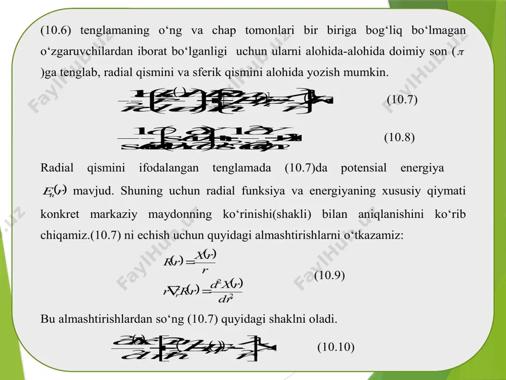 ajratishda hosil bo‘ladigan doimiy son m diskret qatordagi qiymatlarni qabud qilar ekan. bu son magnit kvant soni deb aytiladi. shunday qilib,  o‘zgaruvchi bo‘yicha shredinger tenglamasining normallashgan xususiy funksiyasi    im m e 2 1 )( (10.33) ko‘rinishga ega bo‘lar ekan. endi (10.30) tenglamaning echimini axtaramiz. qulaylik uchun cosx belgilash kiritib, (10.30) tenglamani 0 1 )1( 2 2 2                   x m dx d x d d    (10.34) ko‘rinishga keltiramiz. bu tenglama echimini )()1( 2 2 xfx m  (10.35) ko‘rinishida axtaramiz. (10.35) funksiyaning maxsus nuqtalarga ega bo‘lmasligi uchun 0m va 1x bo‘lmog‘i zarurdir.(10.35)ni (10.34)ga qo‘yamiz: 0)]1([)1(2)1( 2 2 2  fmm dx df mx dx fd x  (10.36) oxirgi tenglama echimini quyidagi darajali ko‘phad tariqasida izlaymiz:     0 )( v v v xaxf …
