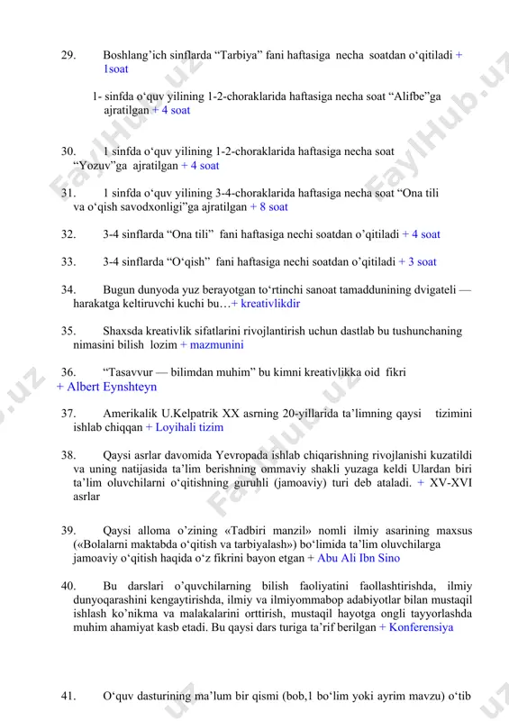 ‘rta asrlarda yagona usul bo’lgan, undan ba’zi mamlakatlarda xviii asrgacha keng foydalanilib kelingan + individual 50. o‘qituvchi va o‘quvchining belgilangan tartibda, muayyan maqsadga muvofiq ma’lum rejimda tashkil etiladigan o‘quv-bilish faoliyatining tashqi ifodasi bu...+ ta'limni tashkil etish shakli 51. insonparvarlashtirish, tabiat bilan uyg’unlik, madaniyat bilan uyg’unlik, ilmiylik, ta’limning fundamentalligi, amaliy yo’nalganligi, ta’lim va tarbiyaning uyg’unligi tamoyillari qaysi ta’lim tamoyillari turiga mansub + ta'limning mazmuniga aloqador tamoyillar 52. ta’limning tizimliligi, izchilligi, ta’limda onglilik, faollik, mustaqiliik, ko’rsatmalilik, ta’limning o’quvchilarga mos bo’lishi, ta’limda bilim ko'nikma hamda malakalarni puxta, mustahkam o'zlashtirish va tushunarlilik tamoyillari qaysi ta’lim tamoyillari turiga mansub + tashkiliy metodik tamoyillar 53. qaysi tamoyilni ya.a.komenskiy tomonidan fanga kiritilgan bo'lib, tabiatda hayot bahordan boshlangani kabi ta’lim olish jarayoni uchun eng qulay davr bolalik ekanligi g'oyasiga asoslanadi ta'limning tabiat bilan uyg'unligi tamoyili 54. qaysi tamoyil insonga o'z dunyosi va boshqa madaniyatlarni anglash, mazkur madaniyat vakillari fikrini eshita olish, ularni qadrlash, ularning dunyosini tushunish, o‘zining shaxsiy …