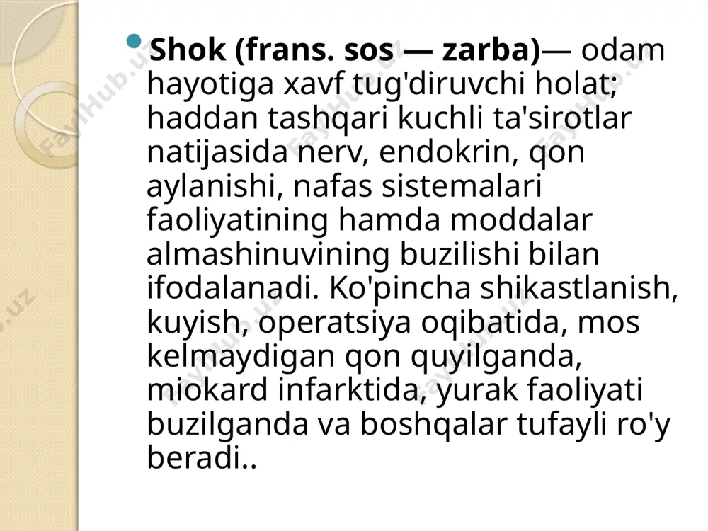 kg/daqiqa. natriy xloridning 0.9%li eritmasi bilan tomchilab yuboriladi. qon bosimi 95-100ga yetsa to'xtatiladi 4. aritmiya bo'lsa lidokain 2% 10ml + natriy xlorid 0.9% 100ml v/i/t 5. polyarizatsiyalovchi aralashma glyukoza 5% 500ml + insulin 10tb + kaliy xlorid 1g v/i/t 6. agar qon tomirlar kengaysa, noradrenalin 0.2% 1-2ml + natriy xlorid 0.9% - 200ml v/i/t miokard infarkti deb, yurakdagi toj arteriyalardan birining birdan tiqilib qolishi natijasida ro‘y beradigan holatiga aytiladi. bunda yurak muskuli nekrozga uchraydi. miokard infarkti aksariyat ateroskleroz, gipertoniya kasalligi bilan kasallangan shaxslarda sodir bo‘ladi. stenokardiyani bu kasallikning darakchisi deb hisoblaydilar, biroq ba’zan miokard infarkti to‘satdan yuz beradi. klinikasi. yurak sohasida yoki to‘sh orqasida og‘riq to‘satdan paydo bo‘lib, chap yelkaga, chap kurakka, pastki jag‘ga va tananing boshqa qismlariga o‘tadigan og‘riq miokard infarkti-ning asosiy simptomi hisoblanadi. stenokardiyadagi og‘riqdan farqli ravishda miokard infarktida og‘riq uzoqroq (bir necha soatgacha) bo‘ladi, toj arteriyalarni kengaytiradigan vositalar (validol, nitroglitserin) qabul qilingandan keyin bosilmaydi davolash. miokard infarktining …