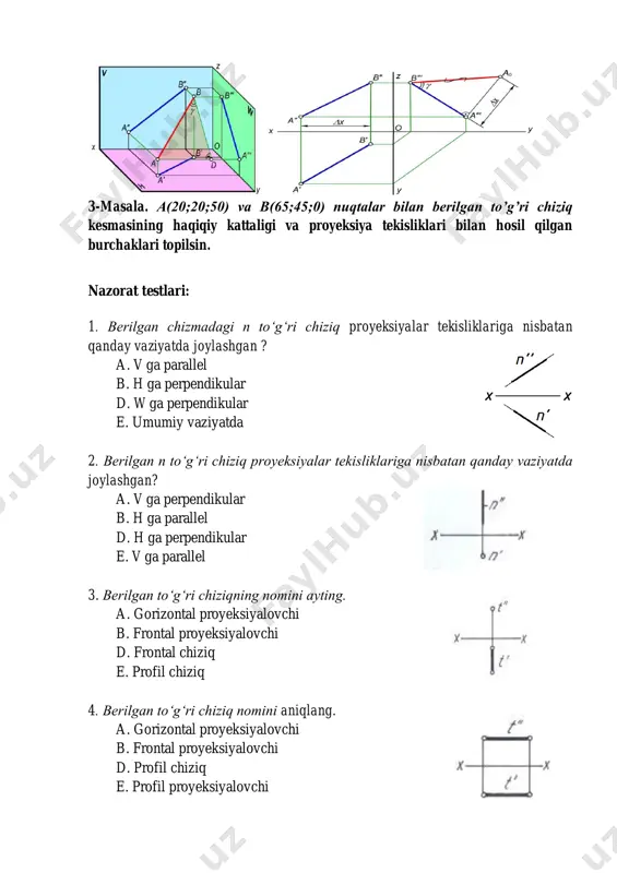 ‘ri chiziqlar chiqariladi va bu chiziqqa mos ravishda ∆z, ∆y va ∆x masofalar o‘lchab qo‘yiladi. natijada a0 yoki b0 nuqta (kesmaning qaysi uchidan unga perpendikular chiqarilsa shu nuqta nomi bilan unga nolli indeks qo‘yiladi) belgilanadi. belgilangan a0 yoki b0 nuqta kesmaning ikkinchi uchi (b', b'', b''' yoki a', a'', a''') bilan tutashtiriladi. bu tutashtirishdan hosil bo‘lgan b′a0, a″b0, a″′b0 kesmalar fazodagi ab kesmaning h, v, w proyeksiyalar tekisliklarida aniqlangan haqiqiy uzunligi bo‘ladi va ular o‘zaro teng bo‘lishi shart (qizil rangda). ab kesmaning proyeksiyalari va haqiqiy uzunliklari orasidagi α, β va γ burchaklar uning proyeksiyalar tekisliklari (h, v va w) bilan hosil qilgan burchaklarining haqiqiy kattaligi hisoblanadi. chizmaning fazoviy holatida proyeksiyalar tekisliklari shartli ravishda chegaralanadi. ish so‘ngida chizma taxt qilinadi, ya’ni chizma qog‘ozi hoshiyasi, asosiy yozuv o‘rni chiziladi va u belgilangan tartibda to‘ldiriladi. 3-grafik ish topshirig’i variantlari v a ri a n t № n u q ta koordinatalar v a …