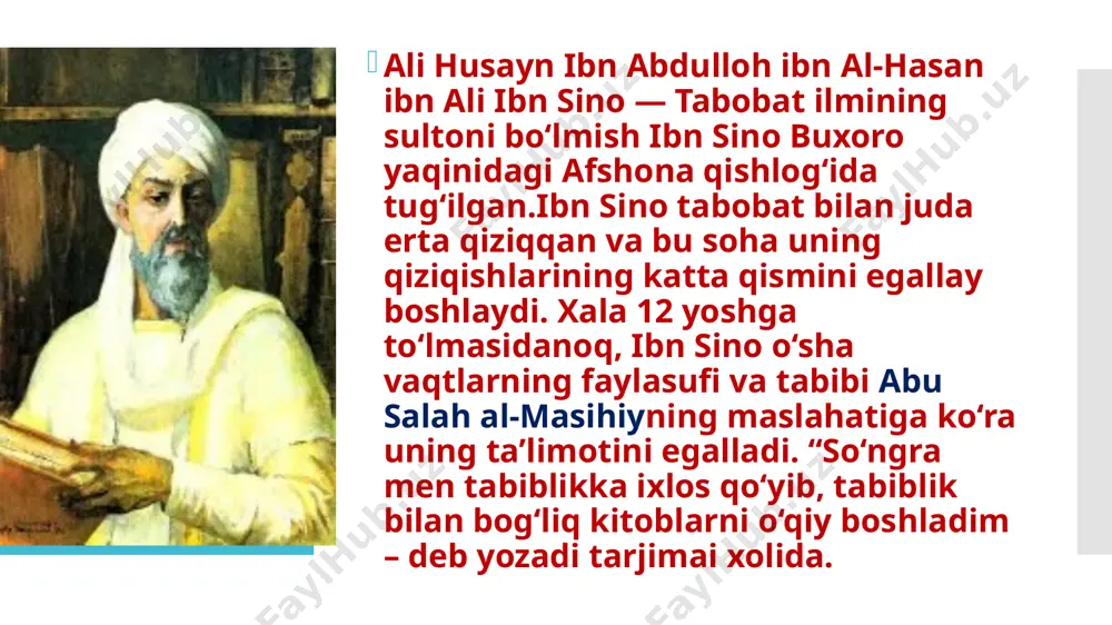 1-kitobini goʻrgonda, qolganlarini esa ray va hamadonda yashagan vaqtida yozgan (1015—1024). „tib qonunlari“ oʻz davridagi tabobatning mufassal ensiklopediyasi boʻlib, unda inson sogʻligi va kasalliklariga oid boʻlgan barcha masalalar mantiqiy tartibda toʻla bayon etilgan. shifo kitobi arab tilida yozilgan ensiklopedik ishi “shifo kitobi” («kitab al-shifa») mantiq, fizika, biologiya, psixologiya, geometriya, arifmetika, musiqa, astronomiya va metafizikaga bag‘ishlangan. “donishmadlik kitobi” («danish-name») ham ensiklopediya sanaladi. merosi “dori vositalari” («al-adviyat al kalbiya») — xamadonga birinchi borishi vaqtida yozgan. mazkur asarda pnevma hosil bo‘lganda va namoyon bo‘lganda yurak faoliyati, xususan, yurak kasalligi va davosi haqida batafsil yoritib berilgan meditsina asarlari yevropada tib qonunlari asari xii asrda lotion tiliga tarjima qilinib , 1500-yildan 1674- yilgacha 60 marta ketma ket nashe qilingan va bir necha asrlar davomida shifokorlarning dastur ul amal qóllanmasi bólib kelgan.1608 – yili venetsiyada kitobning bezatilgan nodir nashri chop etilgan image1.jpeg image2.jpeg image3.jpeg image4.jpeg