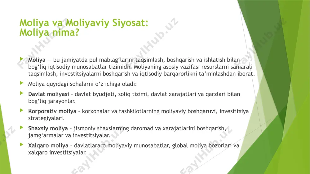 ng turlari: fiskal siyosat moliyaviy siyosat – bu davlatning iqtisodiyotni boshqarish uchun olib boradigan moliyaviy choralari majmuasidir fiskal siyosat – iqtisodiyotni tartibga solish maqsadida soliqlar va davlat xarajatlarini boshqarish jarayonidir. u ikki turga bo‘linadi: ekspansionist fiskal siyosat – iqtisodiy o‘sishni rag‘batlantirish uchun davlat xarajatlarini oshirish va soliqlarni kamaytirish. restriktiv fiskal siyosat – inflyatsiyani kamaytirish uchun davlat xarajatlarini qisqartirish va soliqlarni oshirish. fiskal siyosat vositalari: soliq siyosati – soliqlar miqdorini belgilash, ularni oshirish yoki kamaytirish orqali iqtisodiyotni tartibga solish. davlat xarajatlari – infratuzilma loyihalari, ijtimoiy dasturlar, ta’lim va sog‘liqni saqlash sohalariga mablag‘ ajratish monetar siyosat monetar siyosat – markaziy bank tomonidan pul massasi va kreditlashni boshqarish orqali iqtisodiy faollikka ta’sir qilish jarayoni. u ikki turga bo‘linadi: ekspansionist monetar siyosat – pul massasi ko‘paytiriladi, foiz stavkalari kamaytiriladi, bu esa kreditlash hajmini oshiradi. restriktiv monetar siyosat – inflyatsiyani pasaytirish maqsadida foiz stavkalari oshiriladi va pul taklifi kamaytiriladi. monetar siyosat vositalari: markaziy bankning foiz …