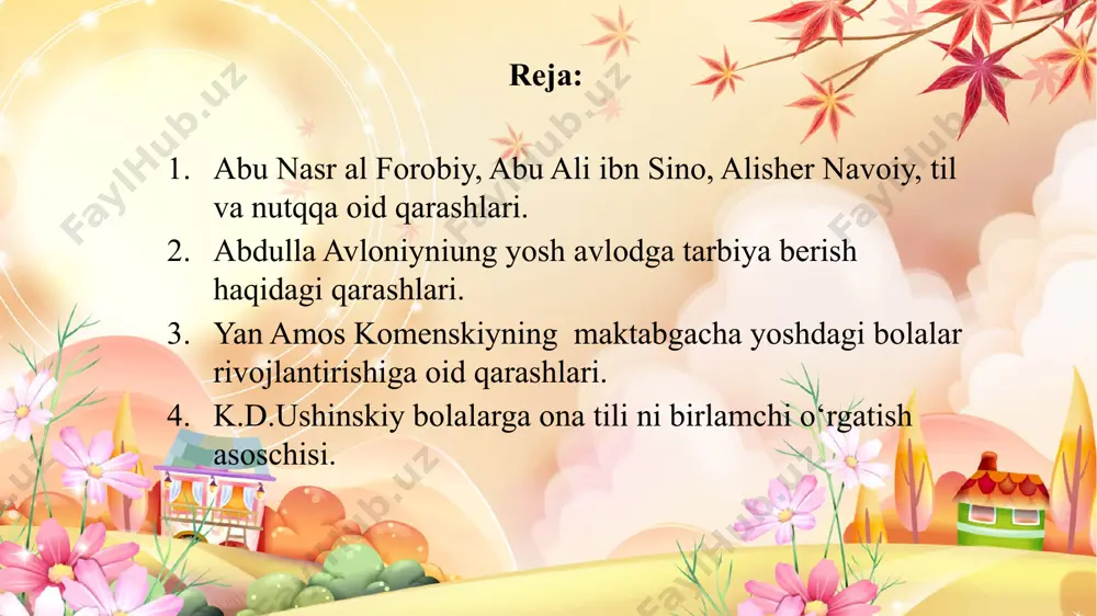ikrini tushuntira oladigan notiq, bilim-ma’rifatga havasli, taom yeyishda, ichimlikda, ayollarga yaqinlik qilishda ochofat emas, aksincha, o‘zini tiya oladiga bo‘lishi (qimor yoki boshqa o‘yinlardan) zavq, huzur olishdan uzoq bo‘lishi, haq va haqiqatni, odil va haqgo‘y odamlarni sevadigan, yolg’onni va yolg’onchilarni yomon ko‘radigan, o‘z qadrini biluvchi va oriyatli bo‘lishi, mol dunyo ketidan quvmaydigan, adolatparvar, qatiyatli, sabotli, jur’atli, jasur bo‘lishi muhimligini qayd etadi. ibn sino (980 - 1037) pedagogika masalalariga ijodiy yondashgan. u bola tabiatini nafaqat tabib, balki yetuk pedagog sifatida ham chuqur bilishini namoyon qilgan. olimning bolalarga ta’lim va tarbiya berish haqidagi ko‘plab fikrlari o‘zining chuqurligi, insonparvarlik ruhi bilan yo‘g’rilganligi va tarbiyadek murakkab muammoni to‘g’ri talqin qilishi bilan kishini lol qoldiradi. ibn sino taklif qilgan tarbiya va ta’lim mazmuni aqliy tarbiya, jismoniy sog’lomlashtirish, estetik tarbiya, axloqiy tarbiya va hunar o‘rgatishni o‘z ichiga oladi. abdulla avloniy (1878-1934) - jamoat va siyosat arbobi, shoir hamda pedagog bo‘lib, abdulla avloniyning yosh avlodga tarbiya berish haqidagi …
