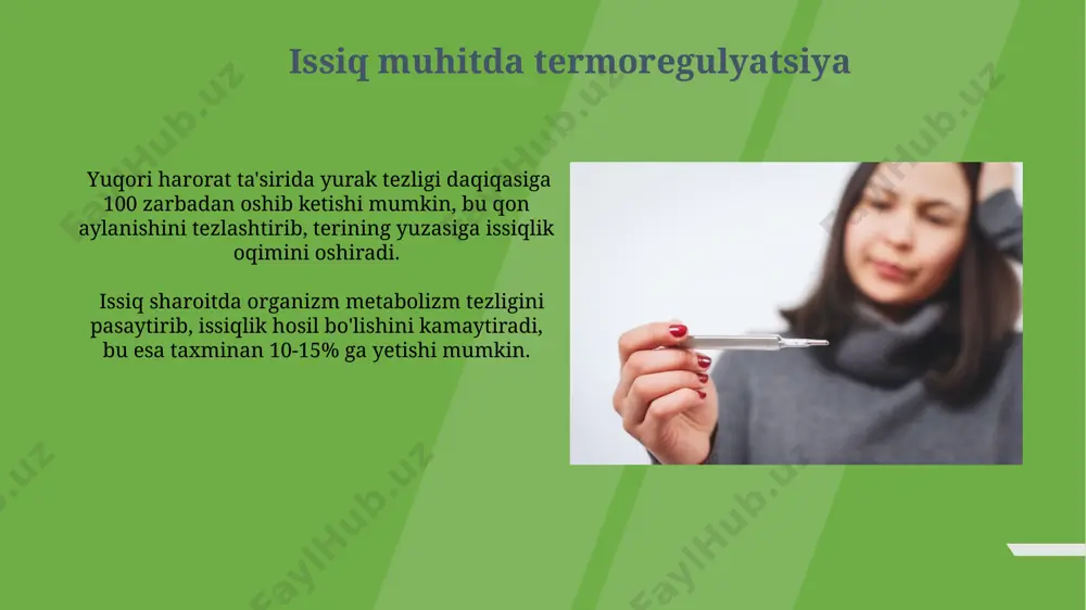 o'lib, qalqonsimon bez faoliyatining o'zgarishi tana haroratini sezilarli darajada o'zgartirishi mumkin. terlash va bug'lanish bug'lanish jarayoni terining sirt qismidan 0,5 dan 1,5 ml/min gacha suv bug'lanishini o'z ichiga oladi, bu tananing ichki haroratini nazorat qilishda muhim ahamiyatga ega. tananing harorati 37°c dan yuqori ko'tarilganda terlash miqdori keskin ortadi va bug'lanish orqali 500-700 vattgacha issiqlik yo'qotiladi. qon aylanishi va issiqlik tarqalishi tana harorati 37°c dan yuqori ko'tarilganda, terlash orqali suv bug'lanishi hisobiga 500 dan 1000 ml gacha suv yo'qoladi, bu issiqlik tarqalishini ta'minlaydi. qon aylanishining tezligi terining kapillyarlarida 3-5 marta o'zgarishi mumkin, bu issiqlik tarqalishini samaradorligini 20-30% ga o'zgartiradi. e'tiboringiz uchun rahmat @taqdimot_robot image1.jpg image2.jpg image3.jpg image4.jpg image5.jpg image6.jpg image7.jpg image8.jpg image9.jpg image10.jpg image11.jpg image12.jpg image13.jpg image14.jpg image15.jpg image16.jpg image17.jpg