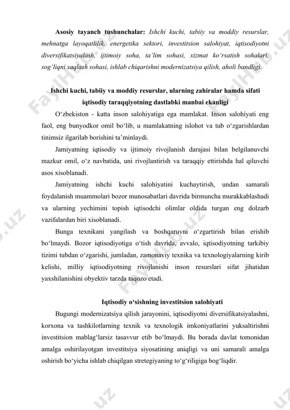 mkoniyatlarini yuksaltirishni investitsion mablag‘larsiz tasavvur etib bo‘lmaydi. bu borada davlat tomonidan amalga oshirilayotgan investitsiya siyosatining aniqligi va uni samarali amalga oshirish bo‘yicha ishlab chiqilgan stretegiyaning to‘g‘riligiga bog‘liqdir. faol investitsiya siyosati iqtisodiyotni tarkibiy o‘zgartirishning eng samarali vositasi hisoblanadi. o‘zbekistonning investitsiya strategiyasida yangi va yuksak texnologiyalarga asoslangan, ilg‘or texnologiyalar bilan jihozlangan va xom ashyo resurslarini qayta ishlashni ta’minlaydigan, mamlakatimizning eksport salohiyatini oshirish hamda yangi ish o‘rinlari yaratishga yo‘naltirilgan investitsiya loyihalariga ustuvor ahamiyat berilmoqda. yangi ishlab chiqarish obyektlarini tashkil etish hamda mavjud ishlab chiqarish korxonalarini modernizatsiya qilish uchun mashinasozlik, metallurgiya, kimyo va yoqilg‘i-kimyo, yengil va oziq-ovqat sanoati sohalariga yirik kapital qo‘yilmalar yo‘naltirildi, bu esa iqtisodiyotga jalb qilingan kapital qo‘yilmalar tarkibida ushbu tarmoqlar ulushining sezilarli darajada oshishiga olib keldi. investitsiyalar jalb qilinishi uchun moliya bozorida qulay muhitni shakllantirish, soliq yukini kamaytirish, moliya va bank sektorini isloh qilish, tadbirkorlikni rivojlantirish muhim ahamiyatga ega. milliy iqtisodiyotni rivojlantirish hamda yangi ishlab chiqarishni tashkil etishda kredit resurslarini jalb …