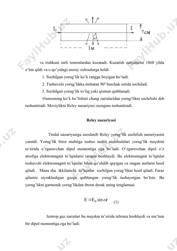 kuzatish yo’nalishi orasidagi burchak (4) dipol tarqatayotgan maydonning kuchlanganligi i=e2 (4 ) ni kvadratga ko’tarsak (5) bulardan (6) (6) chi bitta zaryaddan sochilgan yorug’lik intensivligi. agar muhit bir jinsli bo’lsa har bir zarradan sochilgan yorug’lik o’zaro kogerent bo’ladi. kogerent nurlar interferentsiyalashadi va hisoblash mumkinki, har qanday zarra tarqatayotgan kogerent yorug’lik nuriga teskari fazada, yorug’lik sochayotgan zarra ham bor. teskari fazada uchrashgan bu ikki nur bir-birini maksimal susaytiradi. shuning uchun sochilgan yorug’lik bo’lmasligi kerak. lekin sochilgan yorug’lik kuzatiladi. bu nazariy kelishmovchilikni reley osongina bartaraf qilgan. zarralarning issiqlik harakati uning fikricha nurlarning kogerentligini buzadi. natijada kogerent bo’lmagan nurlar bir-biriga halaqit bermaydi. shu faraz asosida har bir zarradan sochilayotgan yorug’lik intensivliklarini qo’shib, ma‘lum bir hajmdan sochilgan yorug’lik intensivligini qo’yidagicha chiqariladi. (7) bu reley formulasi siyraklashgan gazga qutblangan yorug’lik tushganda, umumiy sochilgan yorug’lik intensivligi v –sochuvchi hajm. bu yerda shu formuladan releyning birinchi qonunini o’qish mumkin. releyning birinchi qonuni sochilgan yorug’likning intensivligi tushuvchi yorug’lik …