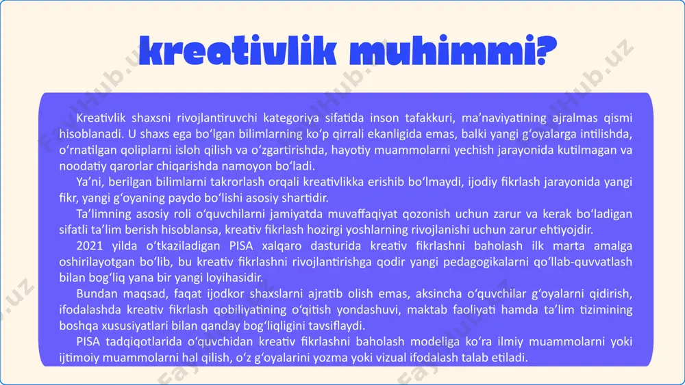 ing chap tomonida turishibdi. rassom suratda kunning oqshom paytini tasvirlagan. chunki qo‘ylar podasi qishloqqa qaytyapti, qolaversa, tongda qo‘ylar o‘tloqqa tezroq yetib olish uchun shoshib yurishadi, cho‘pon ham ularning harakatini tartibga solib boradi. hozir esa qo‘ylar ham, cho‘ponlar ham (qamchilarini yelkalariga qo‘yib olishgan holda) xotirjam harakat qilmoqda. agar siz 6 ta savolning barchasiga to‘g‘ri javob qaytarib, obyektlar o‘rtasidagi o‘zaro aloqador 9 ta belgi (aloqa)ni topgan bo‘lganingizda, u holda sizning kuzatuvchanligingiz va fikrlash tezligingiz yuqori. agar 3–4 belgi (aloqa)ni topgan bo‘lsangiz, kuzatuvchanligingiz va fikrlash tezligingiz o‘rtacha. bordi-yu, 1–2 ta belgi (aloqa)ni topgan bo‘lsangiz, demak sizning kuzatuvchanligingiz va fikrlash tezligingiz past. shu sababli bu sifatlarni o‘zingizda rivojlantirish haqida o‘ylab ko‘rishingiz lozim. shaxslarda kreativlikni rivojlantirish texnalogiyalari tashqi to‘siqlar: noqulay sharoit (masalan, bino), tashqi halaqit beruvchi narsalar (shovqin, issiq, sovuq va b.), jamoadagi yomon psixologik muhit, faoliyatga past baho berish va boshqa bir qator narsalar. ichki to‘siqlar: parishonlik, dangasalik, ishga qiziqish yo‘qligi, kasallik, ayni vaqtdagi …