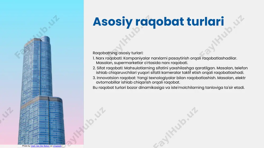 uchaytirish imkonini beradi. birinchi taklif sifatni oshirish bo'lsa, ikkinchi taklif esa marketing strategiyalarini yangilashni ko'zda tutadi. photo by clark van der beken on unsplash raqobat va barqaror rivojlanish raqobat va barqaror rivojlanish o'rtasidagi aloqalar muhimdir. raqobat barqaror rivojlanishni qo'llab-quvvatlaydi, chunki u resurslardan samarali foydalanishga va innovatsiyalarni rag'batlantirishga yordam beradi. raqobat iqtisodiy samaradorlikni oshiradi, bu esa ishlab chiqarish jarayonlarini yaxshilashga olib keladi. barqaror rivojlanish raqobat uchun yangi imkoniyatlar yaratadi, chunki iste'molchilar barqaror mahsulotlarga qiziqish bildiradilar. buning natijasida kompaniyalar yangi bozorlarni ochishga va o'z mahsulotlarini yangilashga majbur bo'lishadi. xulosa raqobat iqtisodiy tizimlarda muhim rol o'ynaydi. narx va sifat raqobati asosiy turlardir, ularning ta'siri muhimdir. raqobat iqtisodiy o'sishni rag'batlantiradi va iste'molchilarga foyda keltiradi. raqobatni oshirish uchun innovatsiyalar va xizmatlarni yaxshilash zarur. 1 2 3 4 e'tiboringiz uchun rahmat! designed by slides carnival image1.jpeg image3.jpeg image5.jpg image4.png