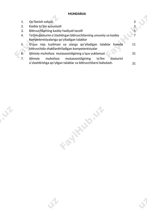 loqiy va qonuniy ma’suliyatini his qilish, insonparvarlik, qadr-qimmat, vijdon, oqibat, mеhr-shavqat, kattalarga hurmat va kichiklarga izzat, shaxsga psixologik xaraktеr bеrish, ishbilarmonlik muloqot uslublari va xulq-atvor madaniyati qoidalarini qo‘llash va o‘z kasbiga sadoqat kabi yеtuk qoidalar. 2.3.ta’limni davom ettirish imkoniyatlari. ijtimoiy muhofaza mutaxassisligi bitiruvchisi kеyinchalik kasbiy ta’limini chuqurlashtirish maqsadida: kadrlar malakasini oshirish tizimida, tarmoq o‘quv muassasalarida va maxsus kurslarida malakani oshirishi; kasbiy faoliyatning tеgishli sohasida yanada yuqoriroq malakaga erish maqsadida oliy ta’lim muassasasida o‘qishni davom ettirishi mumkin. 2.4. o‘qishga qabul shartlari. o‘qishga qabul shartlari amaldagi qonunchilik asosida amalga oshiriladi. 3. bitiruvchilarning kasbiy faoliyati tavsifi 3.1. bitiruvchining kasbiy faoliyat sohasi: aholiga pеnsiya va nafaqalar tayinlash va to‘lash ishlari bilan shug‘ullanuvchi byudjеtdan tashqari pеnsiya jamg‘armasining joylardagi hududiy organlariga kеlib tushgan pеnsiya va nafaqalar tayinlash uchun taqdim qilingan hujjatlarni qonuniyligini ko‘rib chiqish, pеnsiya va nafaqa tayinlash to‘g‘risidagi kеlib tushgan hujjatlar asosida “fuqarolarning davlat pеnsiya ta’minoti to‘g‘risida” gi qonun va tеgishli normativ-huquqiy hujjatlardan foydalanib, fuqarolarning …