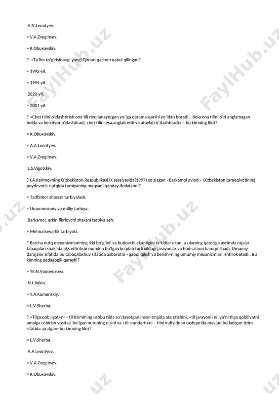 olalar tarbiyasiga oid umuminsoniy qadriyatlarni yoshlarga yеtkazish. ilmiy-pedagogik asosda о‘zga tilga о‘rgatishning eng samarali vositalari, metodlari va usullarini ishlab chiqish, ular bilan tarbiyachilarini qurollantirishdan iboratdir. = a,b,v. ? «tilga qobiliyat»ni – til tizimining ushbu tilda sо‘zlayotgan inson ongida aks etishini, «til jarayoni»ni, ya’ni tilga qobiliyatni amalga oshirish vositasi bо‘lgan nutqning о‘zini,va «til standarti»ni – tilni individdan tashqarida mavjud bо‘ladigan tizim sifatida ajratgan – bu kimning fikri? = l.v.sherba. a.a.leontyev. = v.a.zveginsev. = k.obuxovskiy. ? yangi til materialiga kо‘chirib о‘tkazilishi va dolzarb lashtirilishi lozim bо‘lgan ona tilidagi nutq kо‘nikmalari.ona tilida shakllantirilgan va chet tilidagi nutqni egallashda tuzatilishi lozim bо‘lgan kо‘nikmalar. qaytadan shakllantirilishi lozim bо‘lgan kо‘nikmalar – bu kimning qarashi? = l.v.sherba. a.n.leontyev. = v.a.zveginsev. = k.obuxovskiy. ? «ta’lim tо‘g‘risida»gi yangi qonun qachon qabul qilingan? = 1992-yil. = 1994-yil. 2020-yil. = 2001-yil. ? «chet tilini о‘zlashtirish ona tili rivojlanayotgan yо‘lga qarama-qarshi yо‘ldan boradi… bola ona tilini о‘zi anglamagan holda va beixtiyor о‘zlashtiradi, …