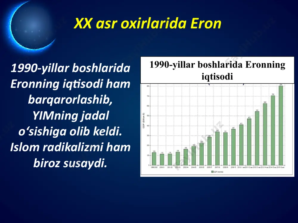 eron yoshlar mamlakati, aholisining yarmini 30 yoshdan kichik bo‘lgan yoshlar tashkil qiladi. eronning zamonaviy muammolari ichida eng dolzarblari ishsizlik va inflatsiya darajasining yuqoriligi bo‘lib kelmoqda. 2013-yil iyun oyida bo‘lib o‘tgan prezidentlik saylovlarida hasan ruhoniyning g‘alaba qozonishi eronda yuz berayotgan chuqur o‘zgarishlarni ifoda etadi. hasan ruhoniy image2.png image3.jpeg image4.jpeg image5.jpeg image6.jpeg image7.jpeg image8.jpeg image9.jpeg image10.jpg image11.jpeg image12.emf image13.jpeg image14.jpeg image1.png /docprops/thumbnail.jpeg