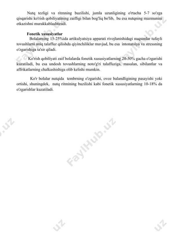 zaifligi bilan bog'liq bo'lib, bu esa nutqning mazmunini etkazishni murakkablashtiradi. fonetik xususiyatlar bolalarning 15-25%ida artikulyatsiya apparati rivojlanishidagi nuqsonlar tufayli tovushlarni aniq talaffuz qilishda qiyinchiliklar mavjud, bu esa intonatsiya va stressning o'zgarishiga ta'sir qiladi. ko'rish qobiliyati zaif bolalarda fonetik xususiyatlarning 20-30% gacha o'zgarishi kuzatiladi, bu esa undosh tovushlarning noto'g'ri talaffuziga, masalan, sibilantlar va affrikatlarning chalkashishiga olib kelishi mumkin. ko'r bolalar nutqida tembrning o'zgarishi, ovoz balandligining pasayishi yoki ortishi, shuningdek, nutq ritmining buzilishi kabi fonetik xususiyatlarning 10-18% da o'zgarishlar kuzatiladi. 📌xulosa ko'rish imkoniyati cheklangan bolalarning nutqida kechigishlar va o'ziga xos xususiyatlar kuzatilishi mumkin, biroq erta aralashuv va maxsus ta'lim orqali bu kamchiliklarni bartaraf etish mumkin. yaxshi natijalarga erishish uchun mutaxassislarning yordami zarur. 📚foydalanilgan adabiyotlar 1. ko'rish imkoniyati cheklangan bolalarning nutqining xususiyatlariga oid tadqiqotlar. 2. ko'zi ojiz bolalarda nutq rivojlanishining o'ziga xos tomonlari. 3. ko'rish imkoniyati cheklangan bolalarda leksik-grammatik jihatdan nutq rivojlanishi. 4. ko'rish nuqsoni bo'lgan bolalarning fonetik-fonematik rivojlanishi. 5