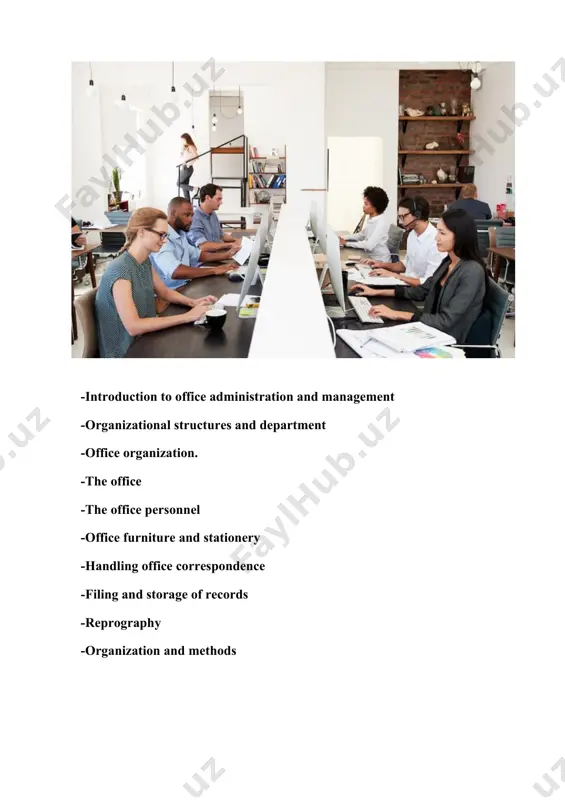 f planning and communicating means of which the management of a business safeguards its assets, promotes its affairs and achieve its objectives’. thus it can be understood from these definitions that office management means planning,organizing,coordinating and controlling the activities of the office. streamlining administartive process organization is an element of management an organization occurs when two or more people work together and coordinate their activities to achieve common goals. it refers to structure of relationships among individuals. it can also be defined as a social unit that is structured and managed to meet a need or to achieve common objectives and collective goals. organizations have a management structure that determines relationships between the different activities and the members and subdivides and assigns roles responsibilities and authority to carry different tasks. effective communication · divisions of work · unity of command · unity of direction · chain of command · span …