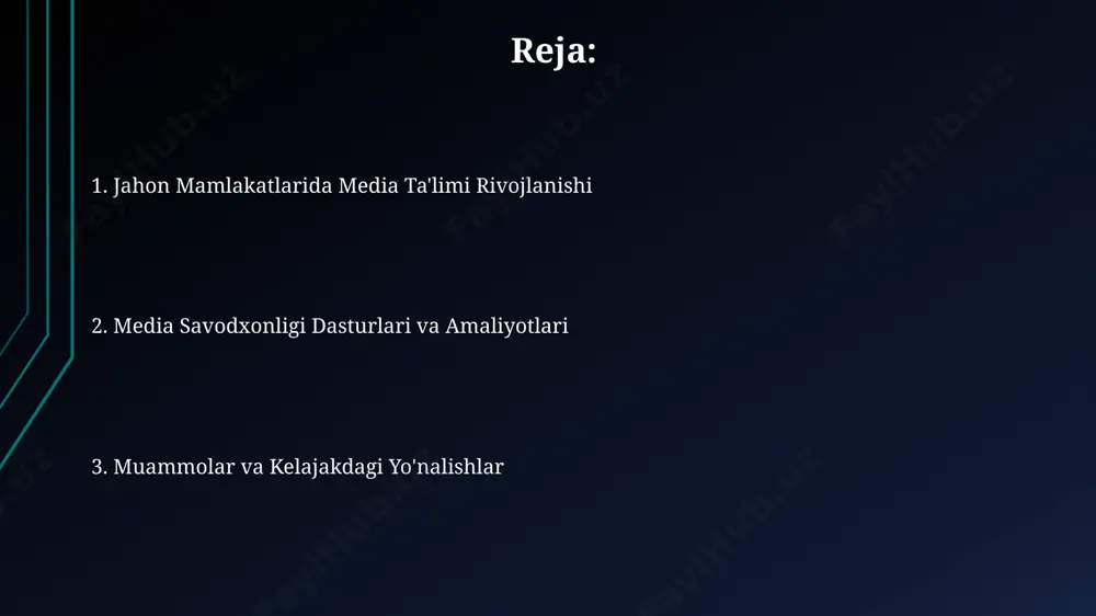 кмасига эга эмаслиги аниқланди. media ta'limi dasturlari va uslublari жаҳоннинг 150 дан ортиқ мамлакатида медиа саводхонлик дастурлари амалга оширилмоқда, бунда онлайн платформалардан фойдаланиш ва маълумотларни танқидий таҳлил қилишга алоҳида эътибор берилмоқда. хитойнинг кўплаб университетларида медиа таълимига бағишланган 50 дан ортиқ ихтисослашган курслар мавжуд бўлиб, уларда журналистика, коммуникация ва рақамли технологиялар каби фанлар ўргатилади. ақшдаги 2000 дан ортиқ мактабда медиа саводхонликка оид инновацион усуллар, жумладан, интерактив ўйинлар ва симуляциялардан фойдаланиб, ўқувчиларнинг медиа маданиятини оширишга қаратилган дастурлар жорий этилган. media va inson huquqlari oʻzbekistonning 2019-yildagi ommaviy axborot vositalari toʻgʻrisidagi qonunchiligi matbuot erkinligini himoya qilishga qaratilgan boʻlib, shu bilan birga, 15 yoshgacha boʻlgan bolalarni himoya qilish uchun 50 dan ortiq qoida mavjud. yevropa kengashining 1996-yildagi "inson huquqlari va ommaviy axborot vositalari" konvensiyasi evropa davlatlarida ommaviy axborot vositalarining ijtimoiy javobgarligini va inson huquqlariga hurmatini ta’minlashga qaratilgan. aqshda 2022-yilda oʻtkazilgan tadqiqotlar shuni koʻrsatdiki, ommaviy axborot vositalarining 70 foizi qisman yoki toʻliq yolgʻon axborot tarqatadi, bu …