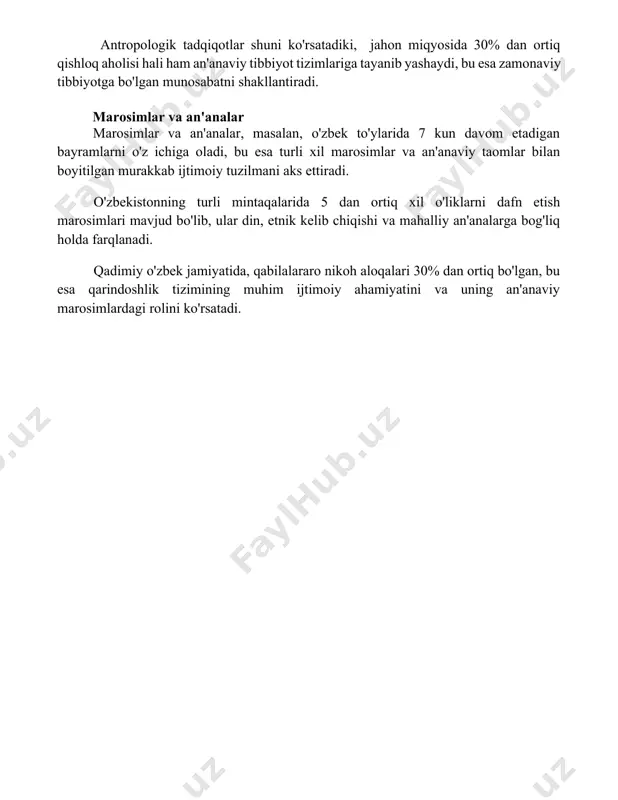 an bayramlarni o'z ichiga oladi, bu esa turli xil marosimlar va an'anaviy taomlar bilan boyitilgan murakkab ijtimoiy tuzilmani aks ettiradi. o'zbekistonning turli mintaqalarida 5 dan ortiq xil o'liklarni dafn etish marosimlari mavjud bo'lib, ular din, etnik kelib chiqishi va mahalliy an'analarga bog'liq holda farqlanadi. qadimiy o'zbek jamiyatida, qabilalararo nikoh aloqalari 30% dan ortiq bo'lgan, bu esa qarindoshlik tizimining muhim ijtimoiy ahamiyatini va uning an'anaviy marosimlardagi rolini ko'rsatadi. 📌xulosa маданият антропологлари қадимги урф-одатларни ўрганиш орқали инсоният тарихи ва маданиятининг бойлигини англаб етишга, шунингдек, ҳозирги кун муаммоларини ечишда улардан фойдаланиш имкониятларини ўрганишга ёрдам беради. уларнинг ўрганиш натижалари жамият ривожланишига хизмат қилади. 📚foydalanilgan adabiyotlar 1. бобожонов, а. (2019). қадимги халқларнинг маданияти ва урф-одатлари. тошкент: ўзбекистон. 2. раҳимов, б. (2021). маданият антропологларининг қадимги шарқ маданиятига оид тадқиқотлари. тошкент: фан. 3. юсупова, с. (2022). марказий осиё халқларининг қадимги анъаналари ва урф-одатлари. самарқанд: самарқанд давлат университети. 4