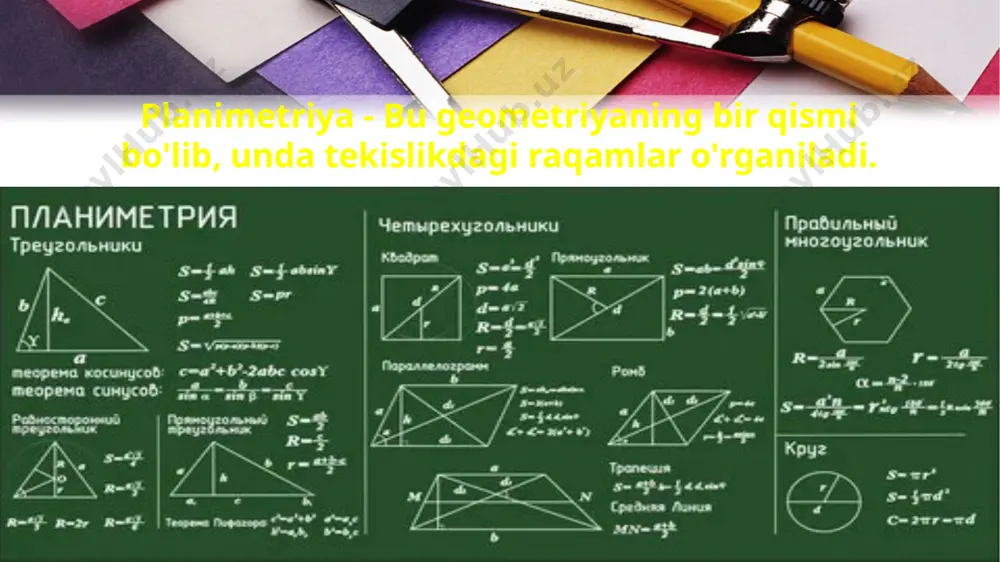 аlаsi dеb аytish mumkin. shаkllаrning bа’zi mа’lum хоssаlаridаn fоydаlаnib, uning yangi хоssаlаrini o’rgаnish gеоmеtriyaning umumiy vаzifаsidir. bugungi kunga kelib har bir fan o’qituvchisi kompyuterda mavzuga muvofiq dars materialiga mos keladigan qilib, estetik did bilan o’zi xoxlagandek namoyishlar qilishi, ko’rgazmalar tayyorlashi uchun to’liq imkoniyatlar mavjud. bundan tashqari hozirda maktablarga barcha fanlar bo’yicha turli mavzularda tayyor dasturlar ham yetkazib berilmoqdaki, bulardan o’qituvchilar unumli foydalanishlari kerak. geometrik masalalarning ayrimlarini yechilishi bilan tanishib chiqaylik. ushbu masalalarning yechilish usullaridan 11-sinf geometriya darslarida foydalanish mumkin. muntazam ko’pyoqliklar yon yoqlari turli rasmdagi muntazam ko‘pburchaklardan iborat bo‘lgan ko’pyoqliklarni yarim muntazam ko’pyoqliklar deb yuritiladi. bu ko’pyoqliklar 18 xil bo‘lib, ular arximed jismlari deb yuritiladi. arximed jismlaridan biri bo‘lgan kesik oktaedrning yaqqol tasviri keltirilgan. ko’pyoqliklar texnikada turli ko‘rinishdagi mashina detallari, ko‘pyoqli linzalar yasashda, hamda arxitektura va qurilish ishlarida keng ishlatiladi. masalan, devor va poydevor bloklari, tom, ko‘priklarning temir-beton panellari va inshootning boshqa qismlari ko’pyoqliklardan iborat bo‘ladi. ko’pyoqliklardan yana «geodezik» gumbazlar …