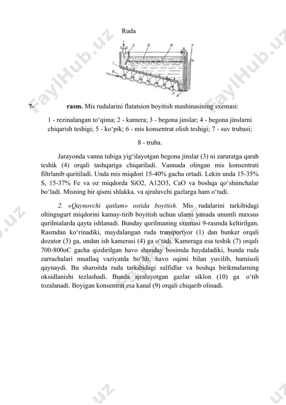 ning bir qismi shlakka. va ajraluvchi gazlarga ham o‘tadi. 2. «qaynovchi qatlam» ostida boyitish. mis rudalarini tarkibidagi oltingugurt miqdorini kamay-tirib boyitish uchun ularni yanada unumli maxsus qurilmalarda qayta ishlanadi. bunday qurilmaning sxemasi 9-rasmda keltirilgan. rasmdan ko‘rinadiki, maydalangan ruda transportyor (1) dan bunker orqali dozator (3) ga, undan ish kamerasi (4) ga o‘tadi. kameraga esa teshik (7) orqali 700-800oc gacha qizdirilgan havo shunday bosimda haydaladiki, bunda ruda zarrachalari muallaq vaziyatda bo‘lib, havo oqimi bilan yuvilib, bamisoli qaynaydi. bu sharoitda ruda tarkibidagi sulfidlar va boshqa birikmalarning oksidlanishi tezlashadi. bunda ajralayotgan gazlar siklon (10) ga o‘tib tozalanadi. boyigan konsentrat esa kanal (9) orqali chiqarib olinadi. 8- rasm. mis rudalarini «qaynovchi qatlam» ostida boyitish qurilmasining sxemasi: 1 - transportyor; 2 - bunker; 3 - dozator; 4 - ish kamerasi; 5 - havo kamerasi; 6 - nasadka; 7 - havo kiritish teshiklari; 8 - havo kiritish teshigi; 9 - kanal; 10 - siklonlar; 11 - …