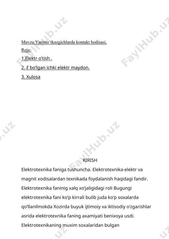 xozirgi zamon texnikasining asosiy fundametllaridan biri bulgan elektrotexnika fanini mustaxkam urganish zarur. bulajak mutaxassislar xalq xo‘jaligining turli soxalaridagi vazifalarni muvoffakiyatli xal etishlari uchun ixtisosligi elektrik bulish bulmasligidan kat’iy nazar etarli darajada elektrotexnik bilimlarga va tayyorgarlikka ega bulish kerak. fan tarixi. elektrotexnika elektr haqidagi fan sifatida eramizdan avvalgi iv-v asrlarda yuzaga kelgan. inson elektr va magnit xodisalarning oddiy kuzatuvchisi bulishdan, to sun’iy energiya manbalarini yaratguncha oradan ko‘p davr utdi. elekrtrotexnika amaliy fan sifatida tiklanishi taxmiinan xvi asrlardan boshlanib, xix asr boshlarida fanlar tarakkiyoti katoridan mustaxkam urin oladi. 1802 yili v.v.petrov elektr yoyini kashf etdi. 1832 yili p.l.shilling telegraf apparat yaratdi 1833 yili e.x.lens elektromagnit induksiya qonunlarini asoslab berdi. 1834 yili b.s.yakobi 1- bulib elekrt dvigatelini ixtiro kildi. 1876 yili p.n.yablochkov elektr shamini yaratdi.1890 yili a.n.lodigin metall tolali chuglanish lampasini yaratdi.1882 yili benardos matelllarni elektr yoyi bilan payvandlashni amalga oshirdi.1888 yili m.o.dolivo-dobrovolskiy uch fazali tok sistemasini ishlab chikdi, uch fazali dvigatel, uch …