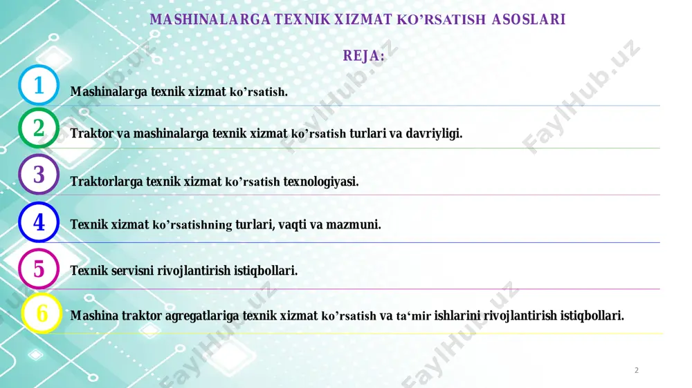 (ch-txk) - har smenada texnik xizmati ko’rsatish (ktxkt) - raqamli texnik xizmati ko’rsatishlar (txk-1, txk-2 txk-3) - mavsumiy texnik xizmati ko’rsatish (bahorgi-yozgi ishlatish mavsumiga o’tishda, kuzgi-qishgi ishlatish mavsumiga o’tishda) - alohida sharoitlarda ishlatishda texnik xizmati ko’rsatish (qumli, toshli-tog’, balchiq joylarda, cho’l va baland tog’li joylarda, hamda past haroratli joylarning hususiyatlarini e‘tiborga olgan holda o’tkaziladi) - mashinalarni saqlashda texnik xizmati ko’rsatish (uzoq saqlashga tayyorlashda, uzoq saqlash jarayonida, uzoq saqlashdan olishda) - joriy ta‘mir - asosiy ta‘mir - texnik ko’rikdan o’tkazish. traktor va mashinalarni saqlash davrida o‗tkaziladigan texnik xizmatlar (saqlashga tayyorlash, saqlash jarayonida va saqlashdan olish davrida) gost7751-85 ga muvofiq amalga oshiriladi. 5 traktorlarga va murakkkab texnikalarga texnik xizmati ko‗rsatish quyidagi ketma ketlikda amalga oshiriladi: 1-1-1-2-1-1-1-3-1-1-1-2-1-1-1-jr 1-1-1-2-1-1-1-3-1-1-1-2-1-1-1-jr 1-1-1-2-1-1-1-3-1-1-1-2-1-1-1-ar gost20793-86 ga muvofiq amaliyotda texnik xizmat ko‗rsatish davriyligi txk-1 va txk-2 uchun 10% ga txk-3 uchun 5% gacha belgilangan davriylikdan avval yoki keyin o‗tkazilishiga ruxsat etiladi. har kungi texnik xizmat (ktxk) har 10 soatdan …