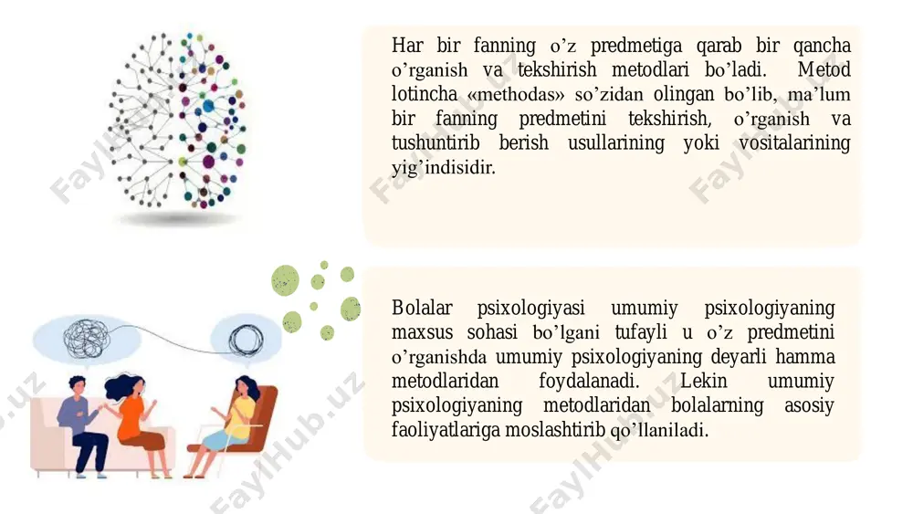 a yo’l qo’ymaslik kerak. aks holda obyektivlik printsipi buzilgan bo’ladi. bolalar psixologiyasi fanining asosiy metodlaridan biri kuzatish metodidir. kuzatish metodi 2 ga bo’linadi: 1) obyektiv ; 2) subyektiv kuzatish metodi. https://gamma.app/?utm_source=made-with-gamma bolalar psixologiyasida subyektiv, ya’ni o’z–o’zini kuzatishdan foydalanilmaydi. bolalar psixologiyasining asosiy metodlaridan biri subyektiv, ya’ni bolalarni tashqaridan kuzatib o’rganish metodidir. obyektiv kuzatish metodi har doim ma’lum maksadga qaratilgan bo’lib, uning yordamida kishilarning turli psixik protsesslari hamda shaxsiy psixologik xususiyatlari o’rganiladi. bunda tarbiyachi va tekshiruvchi psixolog bolalarning xulq – atvorlari va xatti harakatlarini ularning turli – tuman faoliyatlarida tabiiy sharoitda mavzuli tarzda kuzatadi. obyektiv kuzatish metodi quyidagi qoidalarga asoslanib tashkil qilinishi kerak: obyektiv kuzatish metodi quyidagi qoidalarga asoslanib tashkil qilinishi kerak: kuzatishdan yaxshi natijalar olish uchun, ularni turli sharoitlarda sistemali tarzda kun sayin o’rganish kerak. kuzatish tabiiy sharoitda olib borilar ekan, bolalar o’zlarining kuzatilayotilganlarini mutlaqo bilmasliklari kerak. bolani jamoada va jamoa a’zosi sifatida o’rganish; bola shaxsining yaxlitligi printsipiga asoslanib, ya’ni analitik …