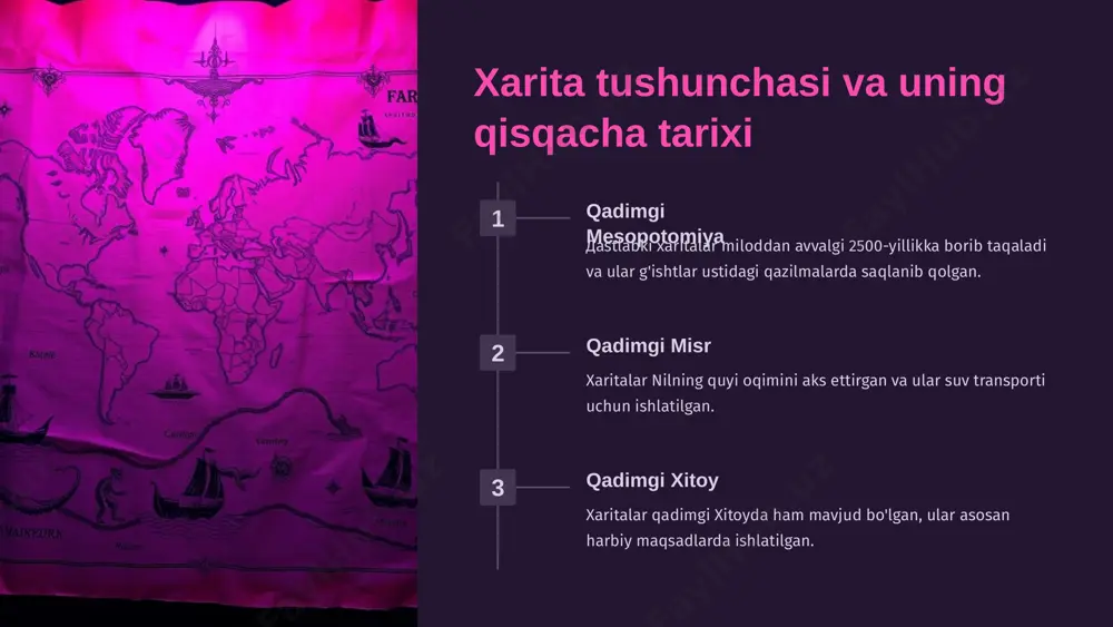 ok bosma stanoklar xaritalarni ko'paytirish va tarqatish imkonini berdi. sun'iy yo'ldoshlar sun'iy yo'ldoshlar orqali xaritalar uchun yangi, aniq ma'lumotlar olinishi mumkin. 1.7.2013 5 ‹#› kartografiya fanining shakllanishi geog'rafiya geog'rafiya xaritalar yaratish uchun asos bo'ldi. matematika matematika xaritalarning sodda va aniq bo'lishini ta'minladi. kartografiya bu fanlar sintezidan kartografiya shakllandi. 1.7.2013 6 ‹#› makon va joylashuvni grafik tasvirlash usullari 1 proyeksiya yer yuzasining uch o'lchovli shakli ikki o'lchovli yuzaga proyektsiya qilinadi. 2 miqyos miqyos yer yuzasini xaritada aks ettirish darajasini ko'rsatadi. 3 belgilar tizimi xaritada joylashuvni aks ettirish uchun turli belgilar tizimi ishlab chiqilgan. 4 rangli tasvirlar ranglar xaritalarni ko'rgazmali va tushunarli qilishda muhim o'rin tutadi. 1.7.2013 7 ‹#› dastlabki xaritalarning asosiy xususiyatlari asosiy xususiyatlar dastlabki xaritalar zamonaviy xaritalar miqyos odam qomatiga nisbatan matematik-geografik proyeksiya rudimentar geometrik belgilar tizimi sodda va stilizatsiyalangan aniq va tafsifi bor kartogarfik uslub yog'ochoyna, g'ishtilar, qog'oz kompyuter texnologiyalari 1.7.2013 8 ‹#› dastlabki xaritalardan zamonaviy xaritalar yaratish yangi …