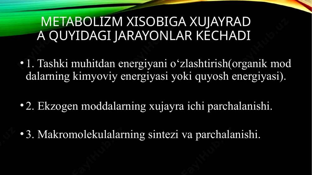 hishni nazorat qilish va tartibga solish hujayralar aro o'zaro ta'sirni ta'minlash hujayraga signallarni qabul qilish va uzatish (retseptor lar) fermentlarning lokalizatsi yasi energiya ning transformatsiyasi. 1.hujayraning tashqi muxitdan ajralishi 2. boshqariladigon transport 3.signallarni qabul qilish va uzatish 4.fermentativ reaksiya 5.hujayralar aro aloqalar 6, sitosikiletning biriktilishi membrananing turlari 1 plazmatik membrana hujayralararo o'zaro harakatni, tashqi muhitdan hujayraga va teskari yo'nalishda moddalami o'tkazishni, elektr qo'zg'aluvchanlikni, retseptorlar yordamida (gormonlar va boshqalar) boshqaruvchi molekulalar bilan birgalikda hujayralar metabolizmi boshqariluvini ta'minlaydi. 2 mitoxondrial membrana membranalararo bo'shliq bilan ajralgan tashqi va ichki membranalami hosil qiladi. ichki membrana elektron tashuvchi fermentlami saqlab, oksidlanishli-fosforillanish jarayonida ishtirok etadi. 3 yadro membranasi hujayra yadrosini o'rab turadi hamda 2 membrana qavati - tashqi va ichki qavatlami hosil qiladi. sitoplazmadan yadroga kimvchi boshqamvchi oqsillami va rnk ni yadrodan sitoplazmaga o'tkazuvchi pora (teshik)larga ega. 4 endoplazmatik retikulum fosfolipidlar va steroidlar, sekretor, lizosomal va membrana oqsillari sintezi, metabolitlar hamda yot moddalaming mikrosomal oksidlanishini ta'minlaydi. …